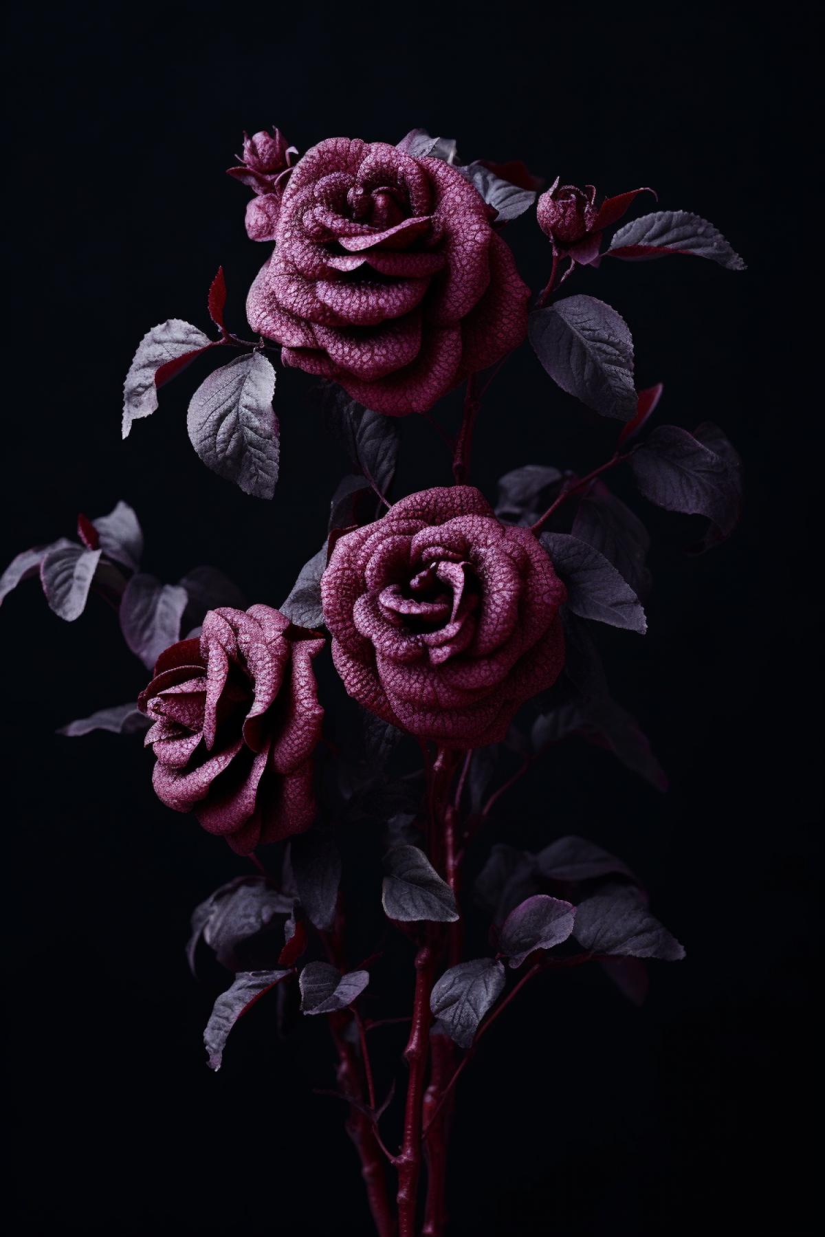 Knitted dark wild bush rose in epic shape epic 4k dark velvet dark room dark light dark palette only