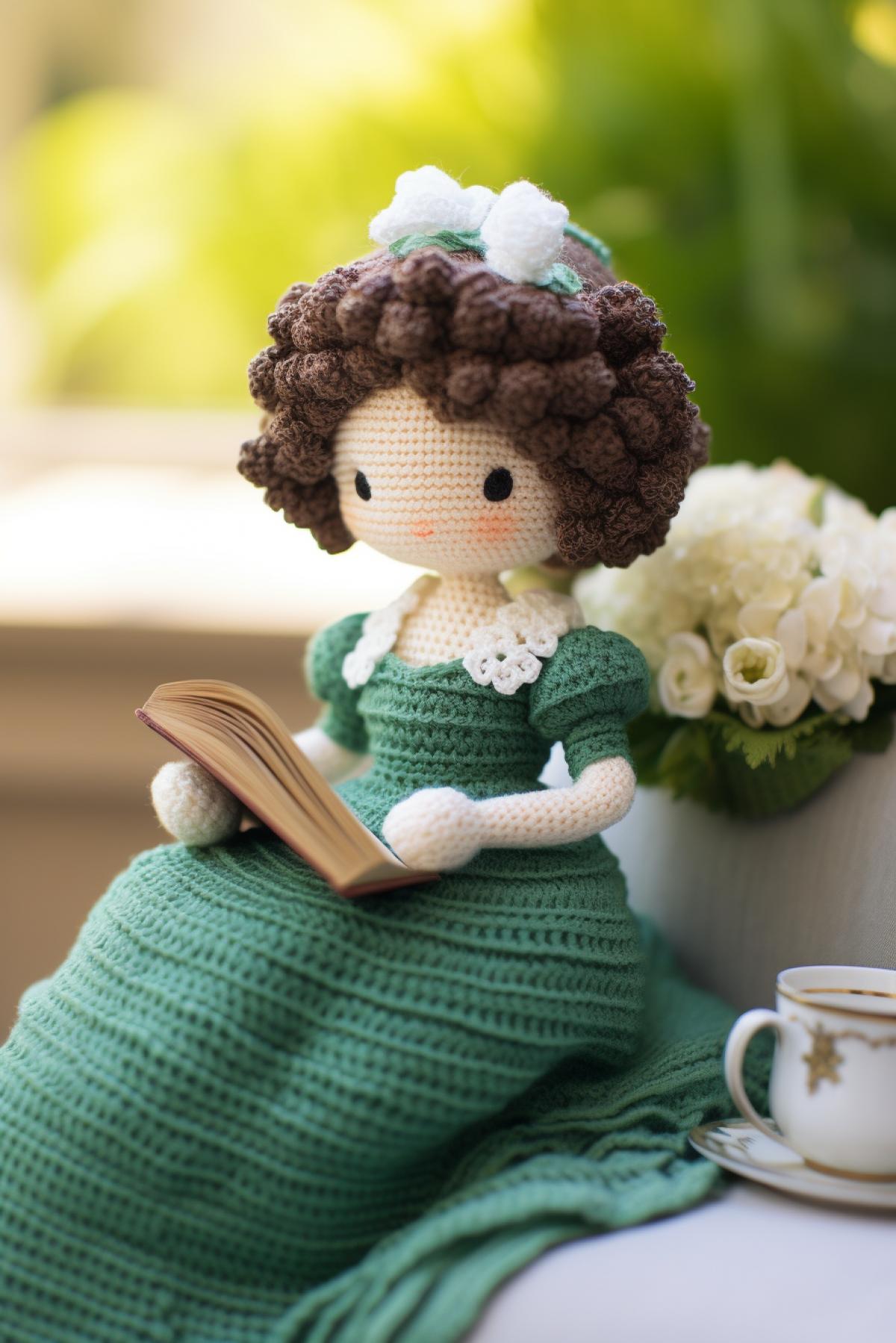 Knitted toy character from the works of Jane Austen with an elegant dress and a book in her hands.