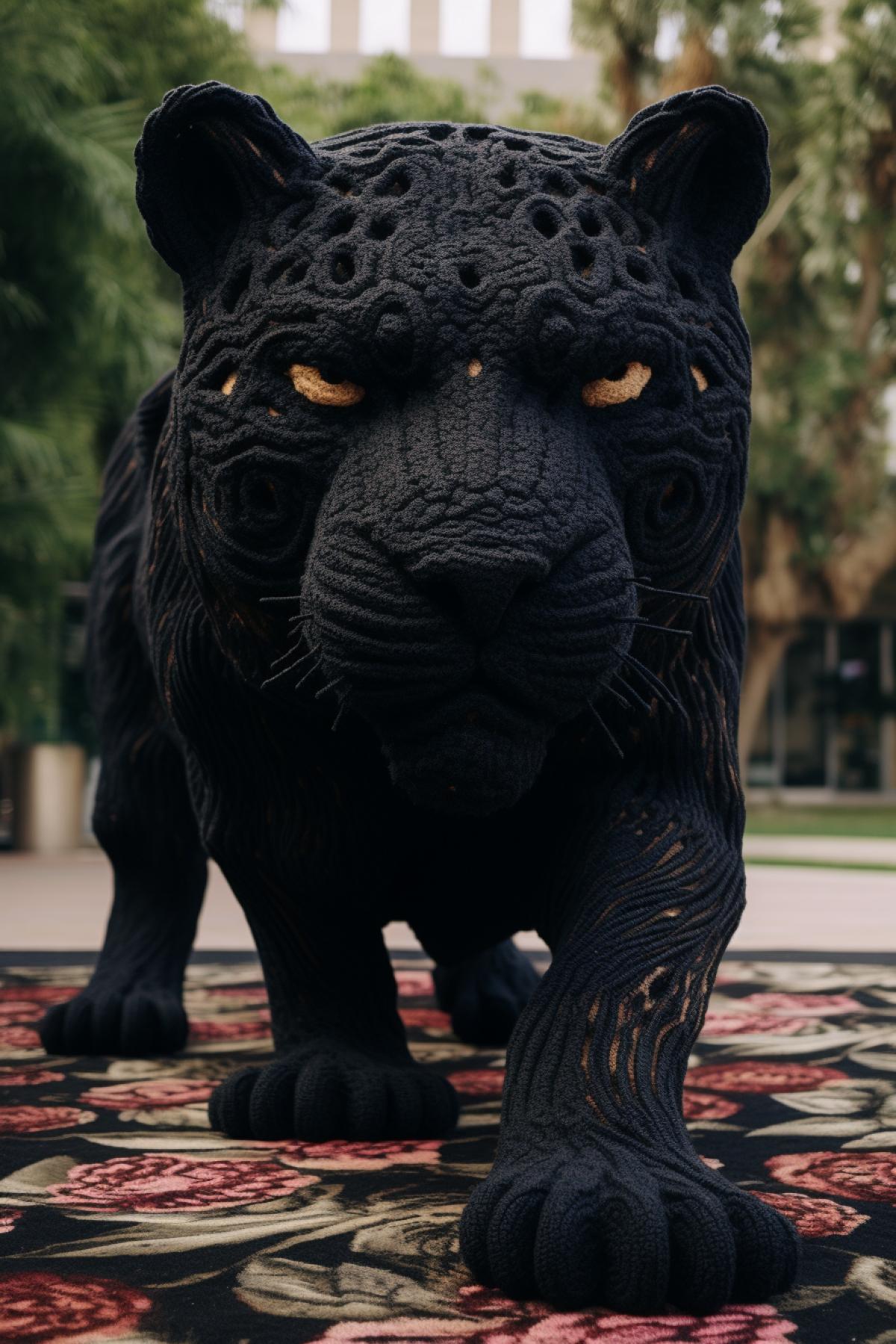 Knitted carpet with picture of pampas wild life where the knitted dark panther transformed into alive attacking animal full height in epic 4k