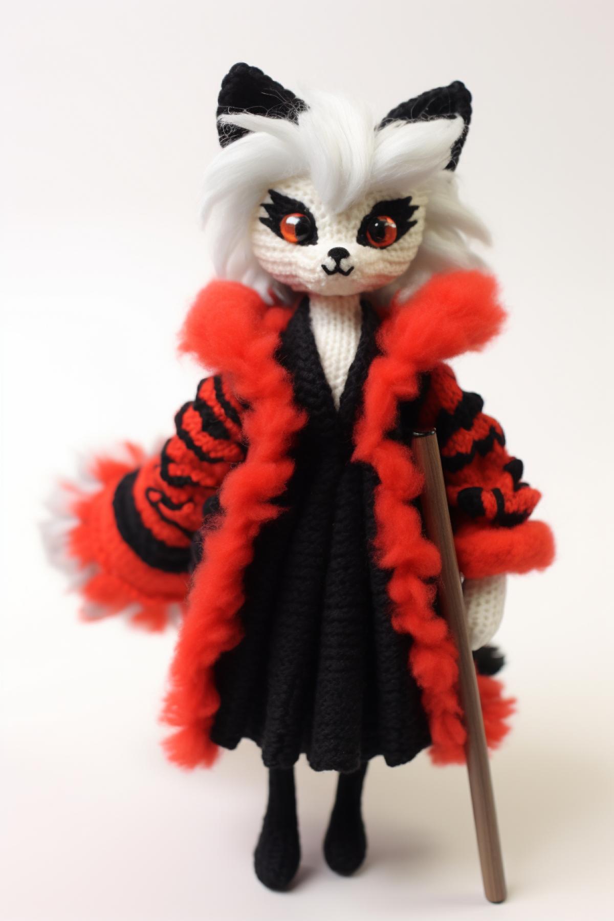 This knitted Cruella de Vil toy features a colorful fur coat and creative details to highlight her personality.