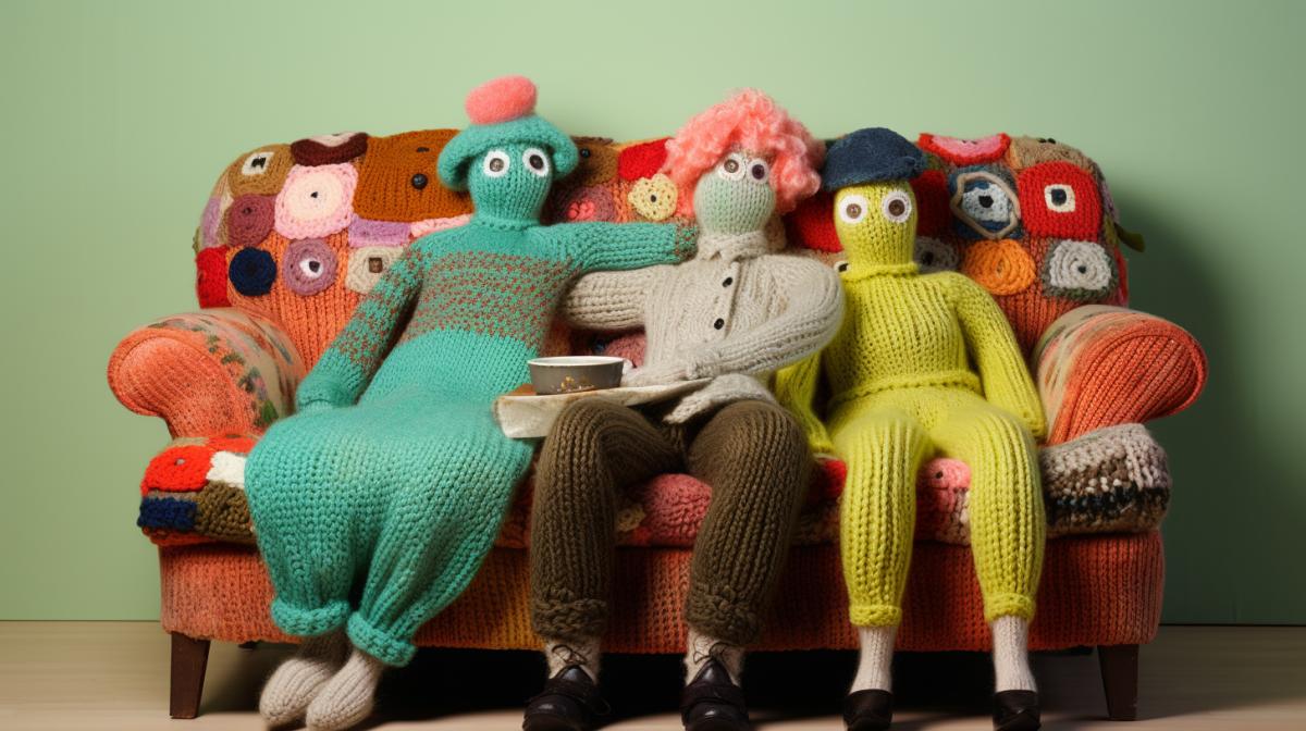Knitted man and woman cuddle on a knitted couch