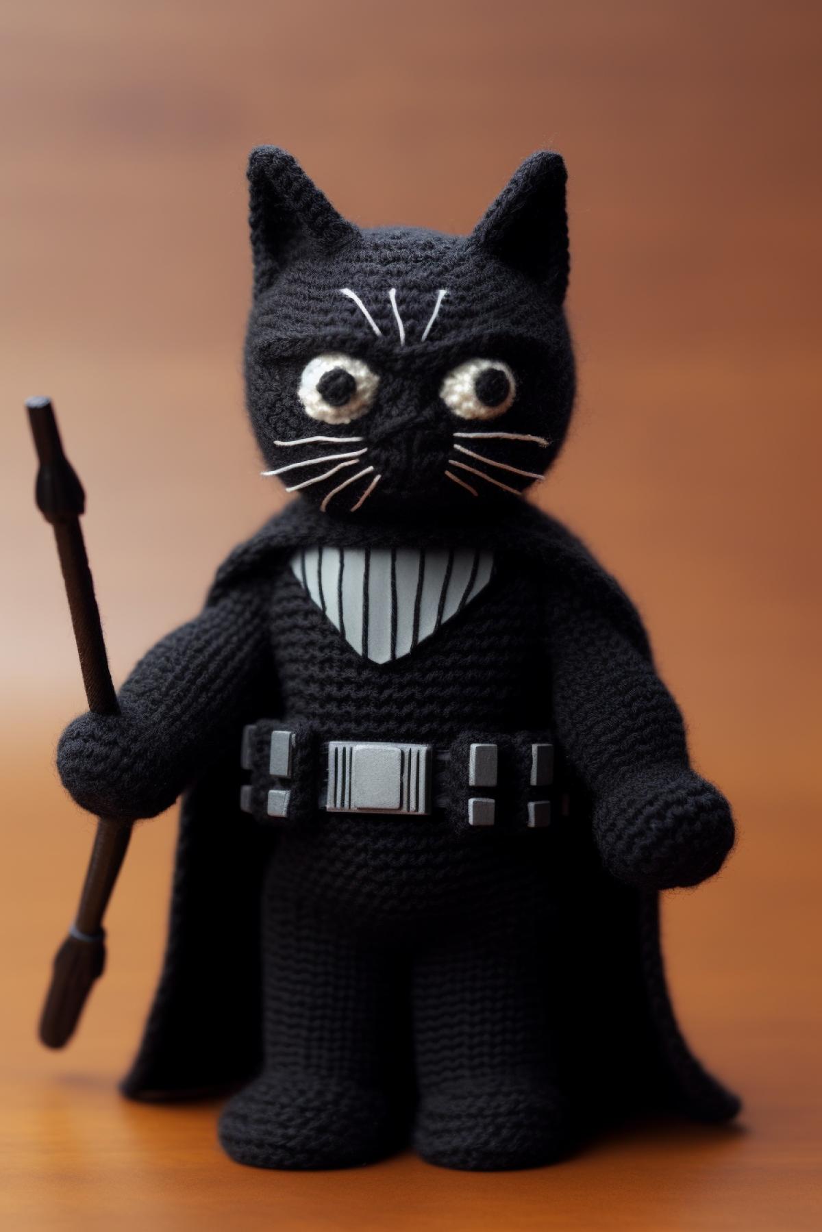 Knitted Darth Vader toy with cat ears, giving the dark lord a little playfulness.