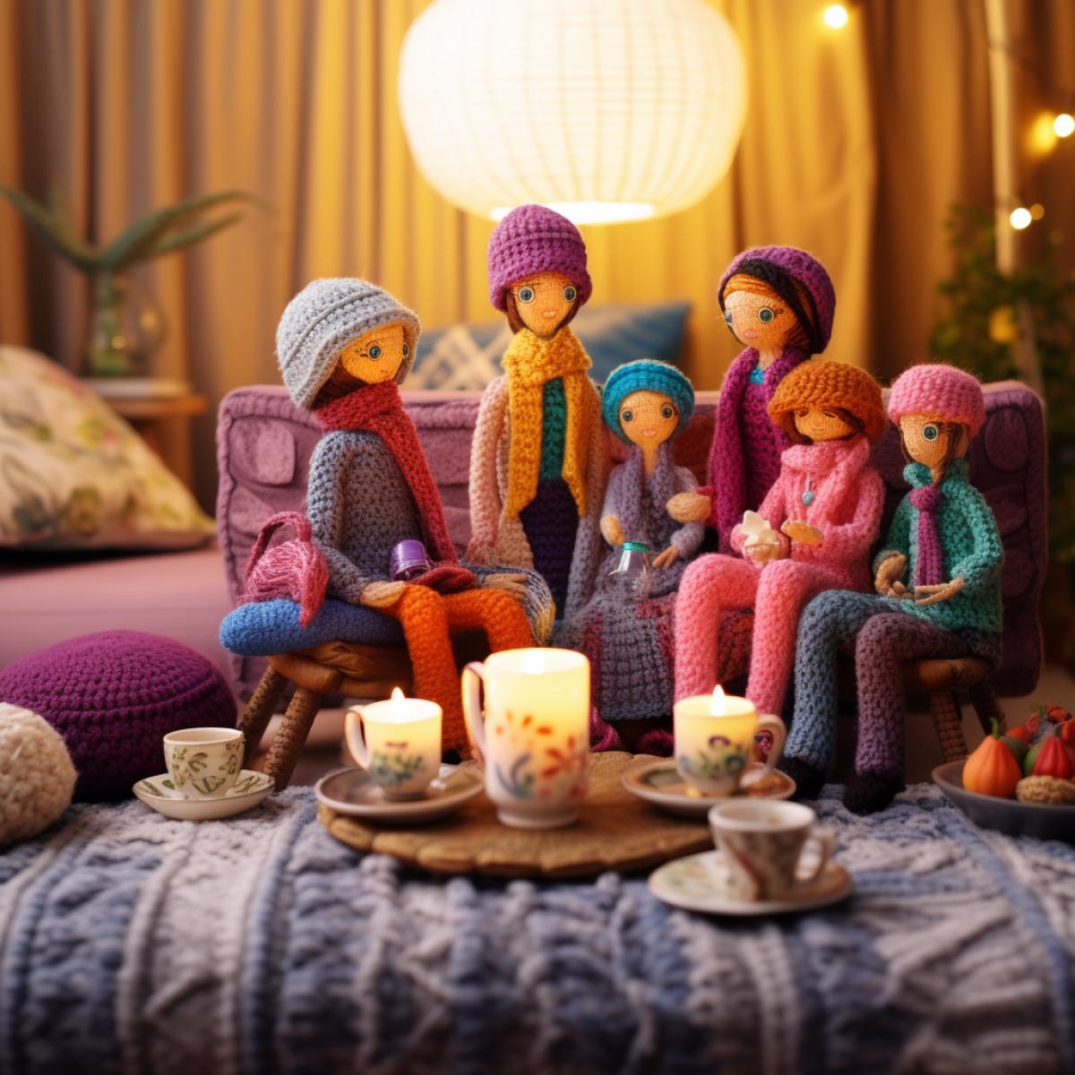 A crocheted family in a room with crocheted furniture, all crocheted, completely knitted people