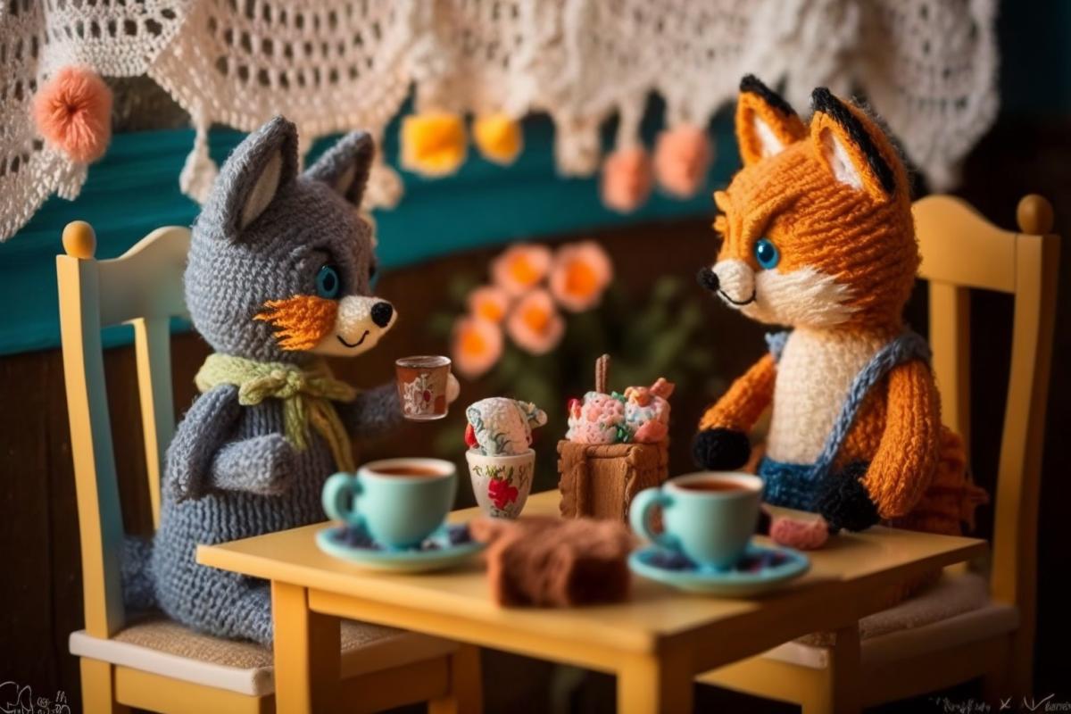 Amigurumi style, a cat anf a fox in their own house, at a small table served for tea, very comfortable, warm atmosphere, flower pots on the wondowsill, curtains, cosy armchairs near the table, everything is crocheted, beautiful colours, cinematic, photorealistic, hyperdetailed, hyperrealistic, professional photo