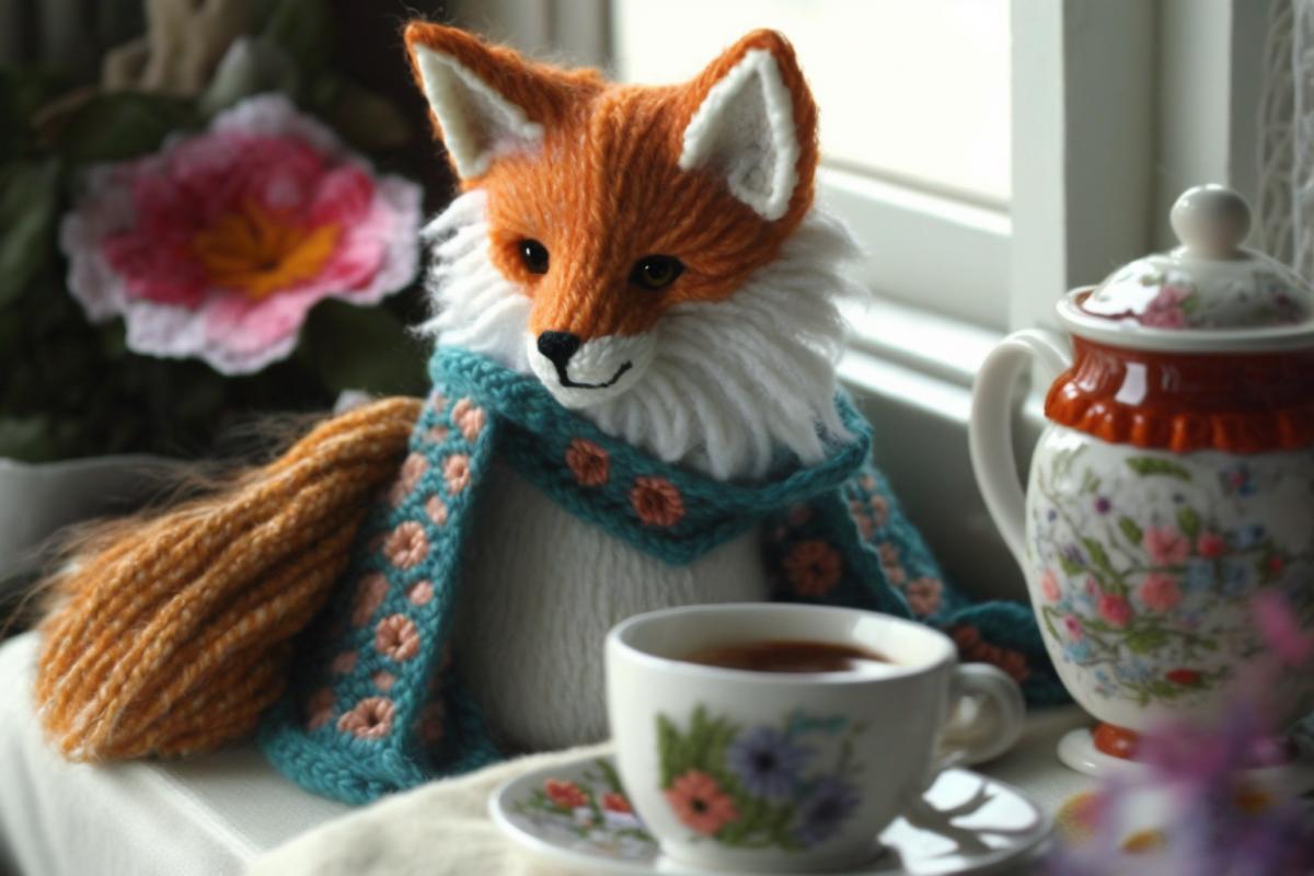 Amigurumi style, a cat anf a fox in their own house, at a small table served for tea, very comfortable, warm atmosphere, flower pots on the wondowsill, curtains, cosy armchairs near the table, everything is crocheted, beautiful colours, cinematic, photorealistic, hyperdetailed, hyperrealistic, professional photo