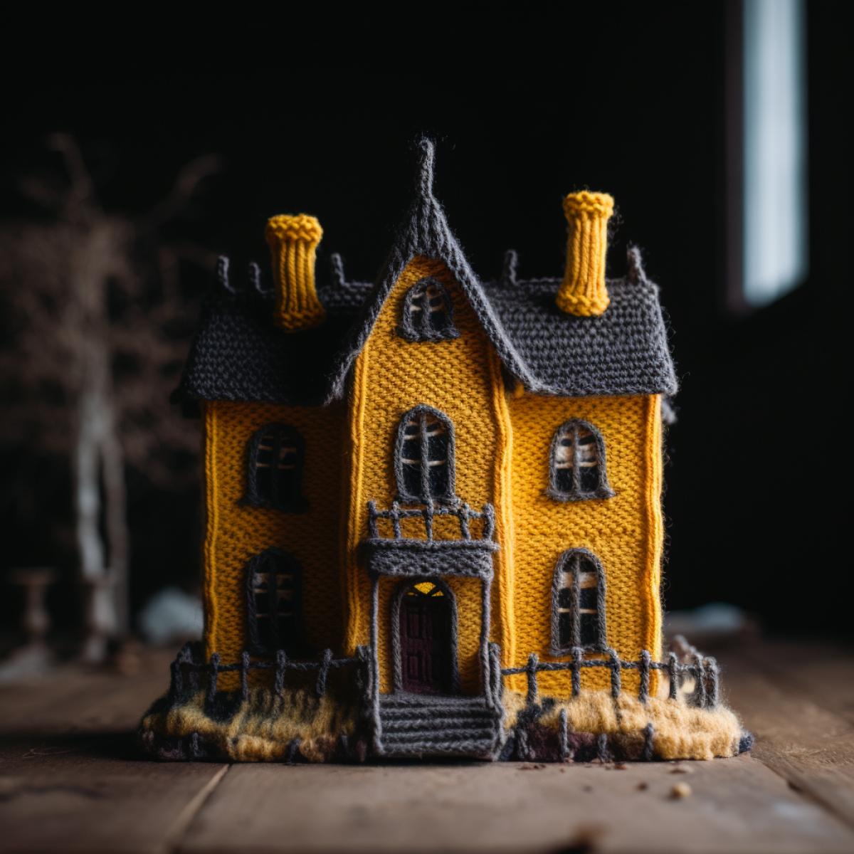 Knitted whensday against the backdrop of a gloomy house, in the Addams Family style