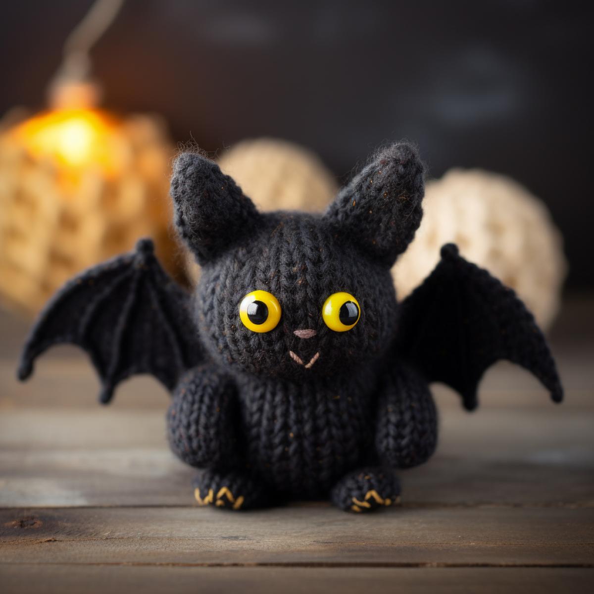 knitted bat with yellow eyes