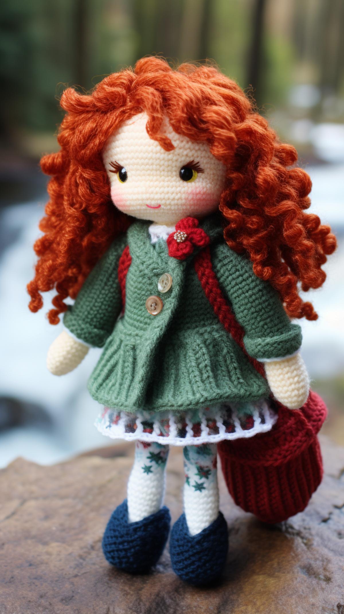 Knitted beautiful redheaded doll in knitted dress, all knitted, knitted world
