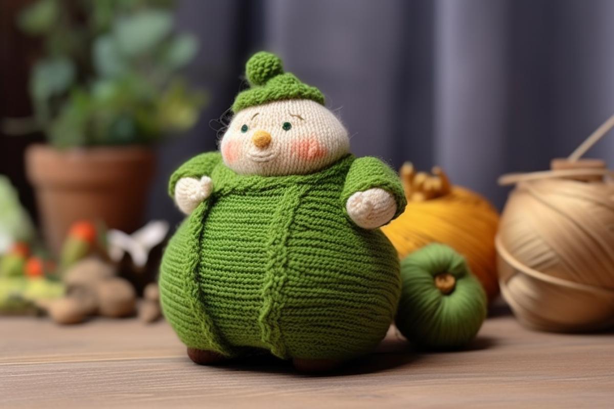 Knitted toy in the shape of a grandmother knitting socks