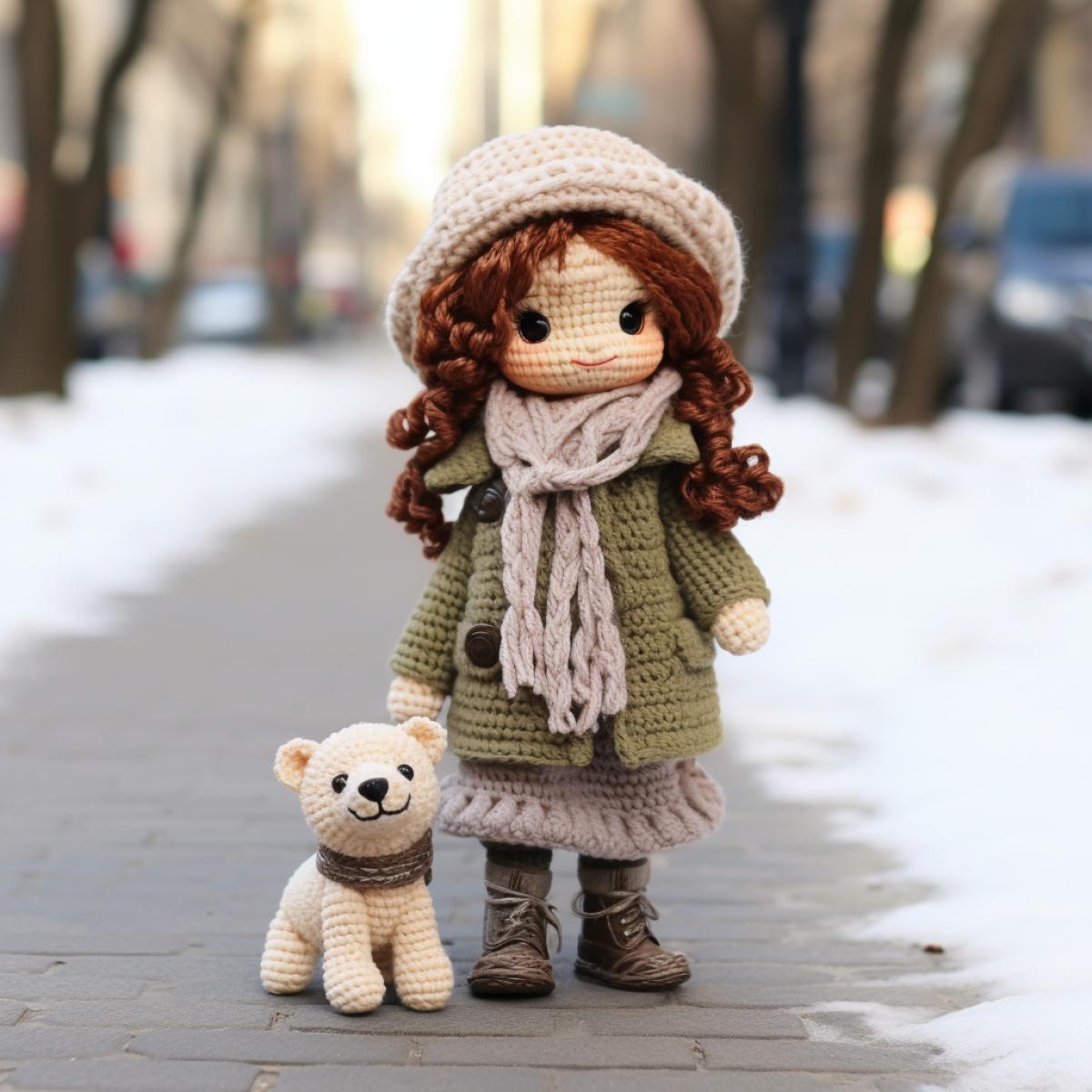A crocheted doll in a crocheted coat playing with a crocheted dog, winter street