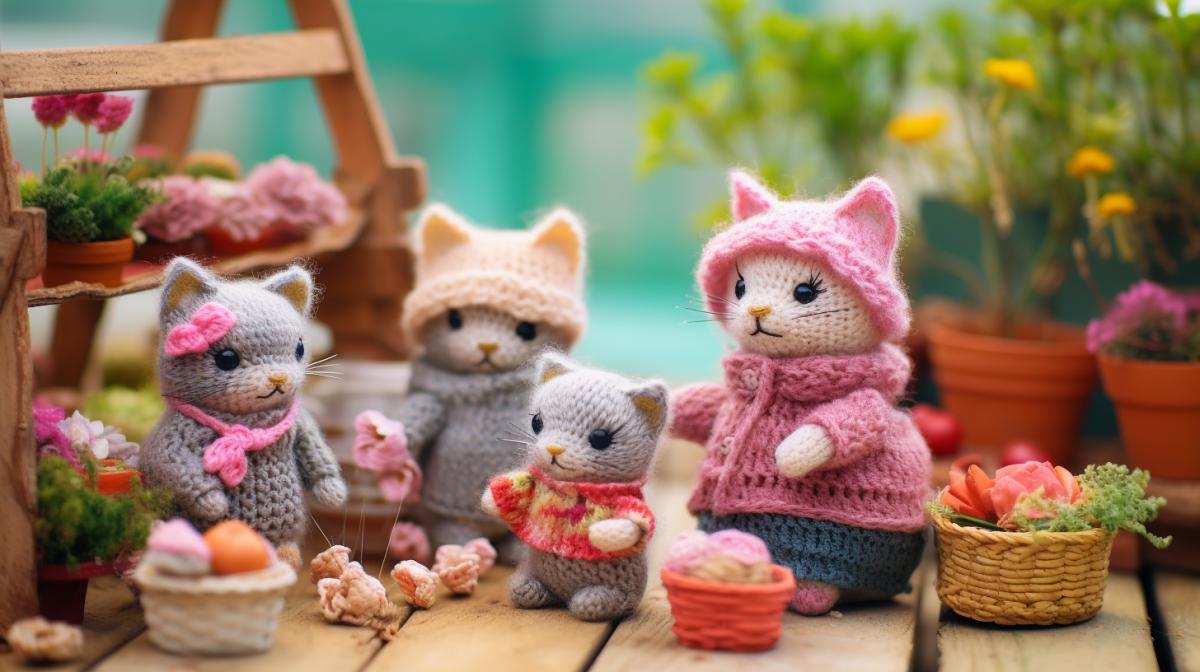 Knitted dolls playing with knitted kittens, diorama, tilt-shift
