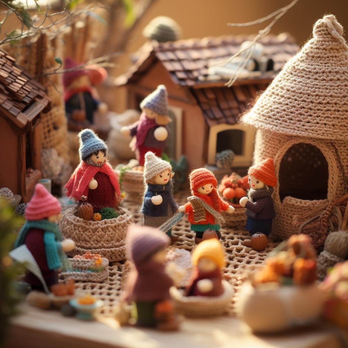 Knitted dolls, diorama, tilt-shift
