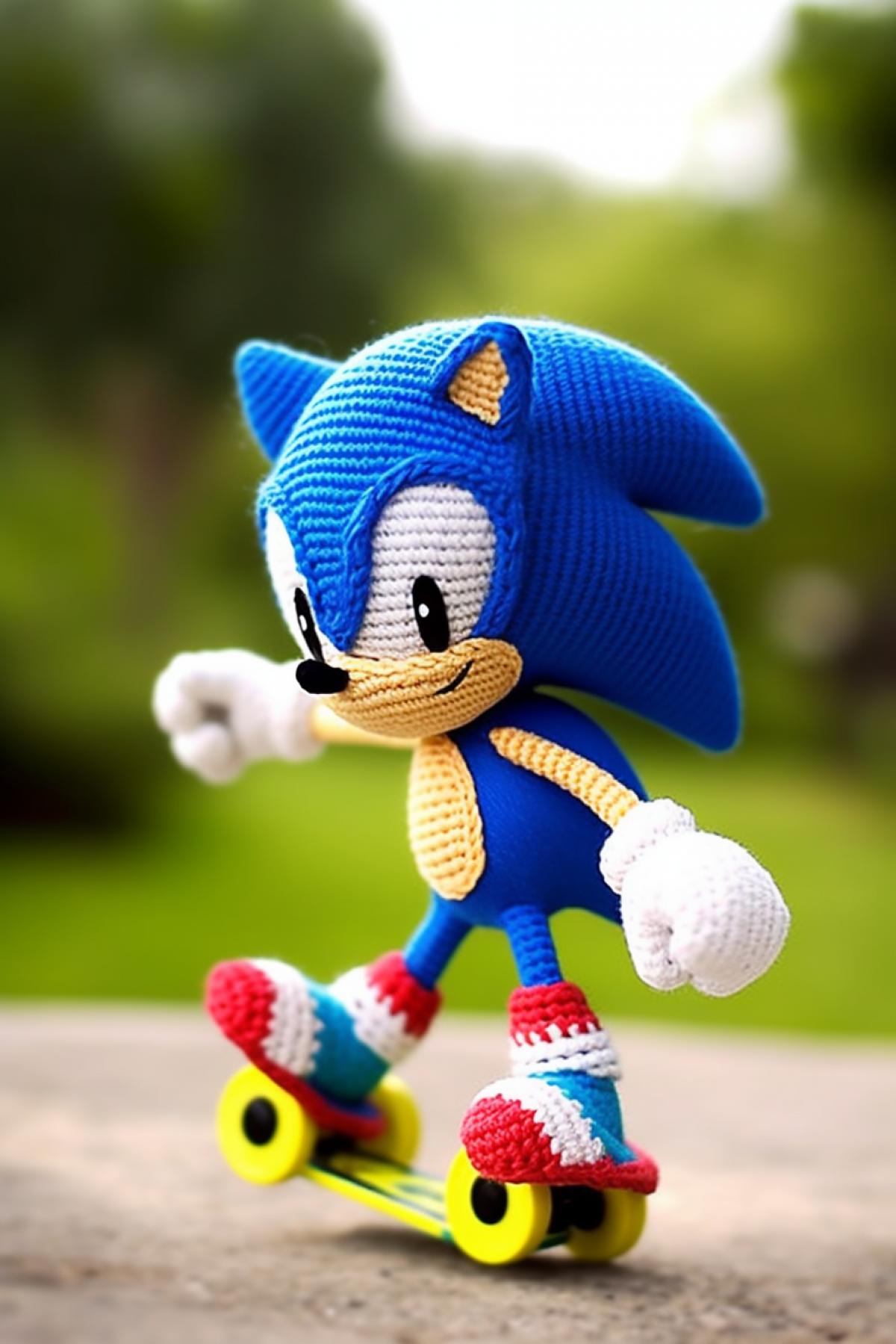 amigurumi style Sonic skateboarding down the mountainside