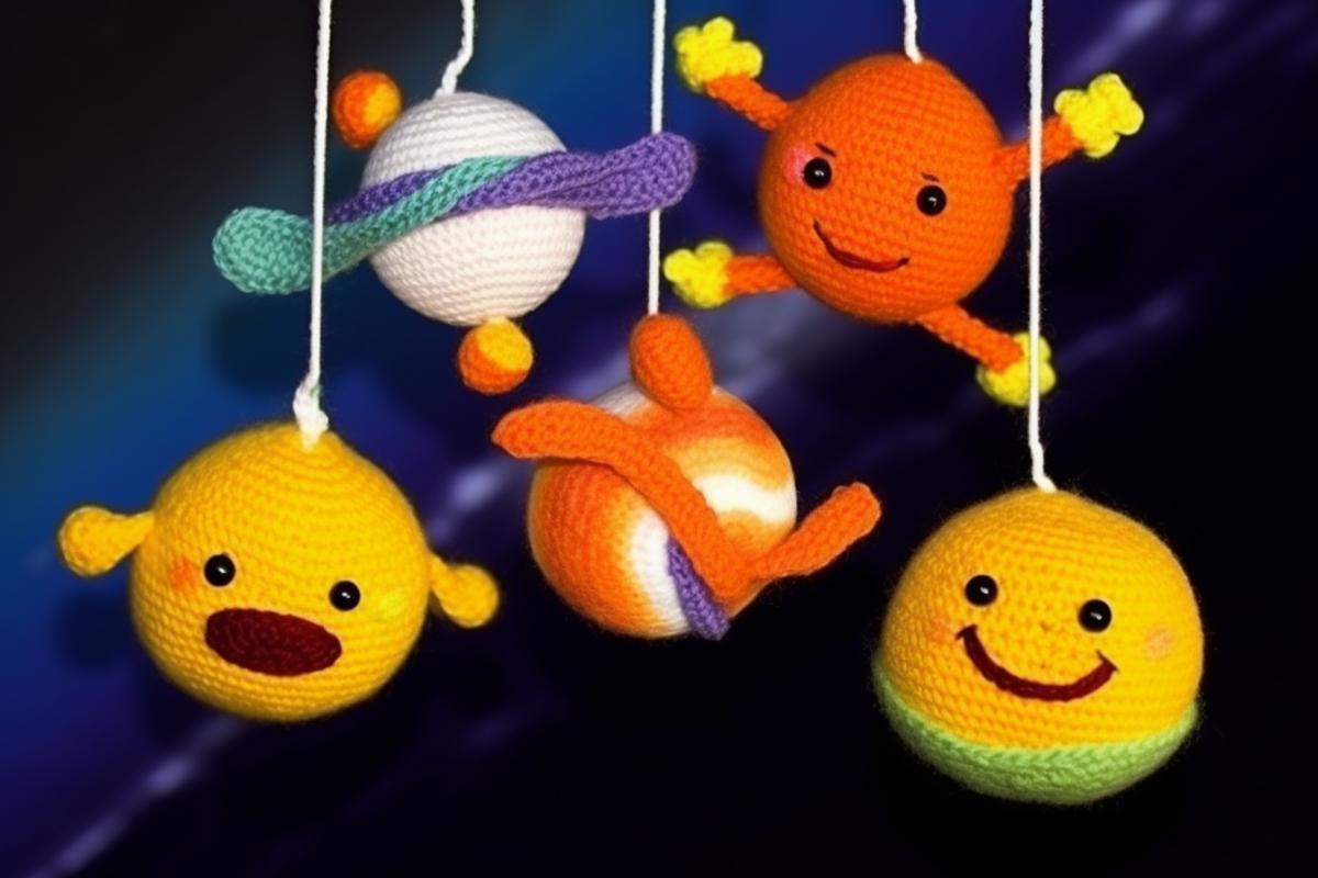 amigurumi style solar system of planets, sun, moon, comets and stars, the mobile hangs over the crib, the baby reaches out to it with his hands, the proportions of the planets are observed
