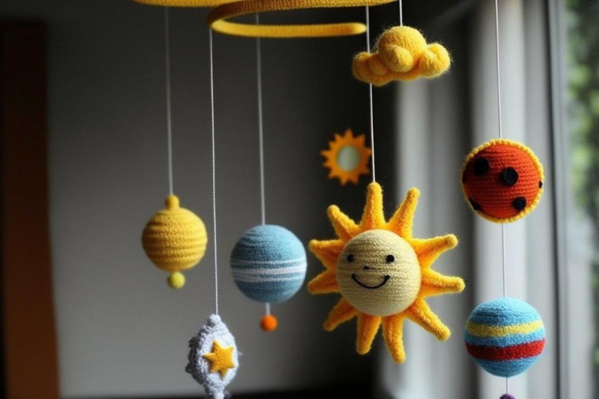 amigurumi style solar system planets, sun, comets, mobile for a crib