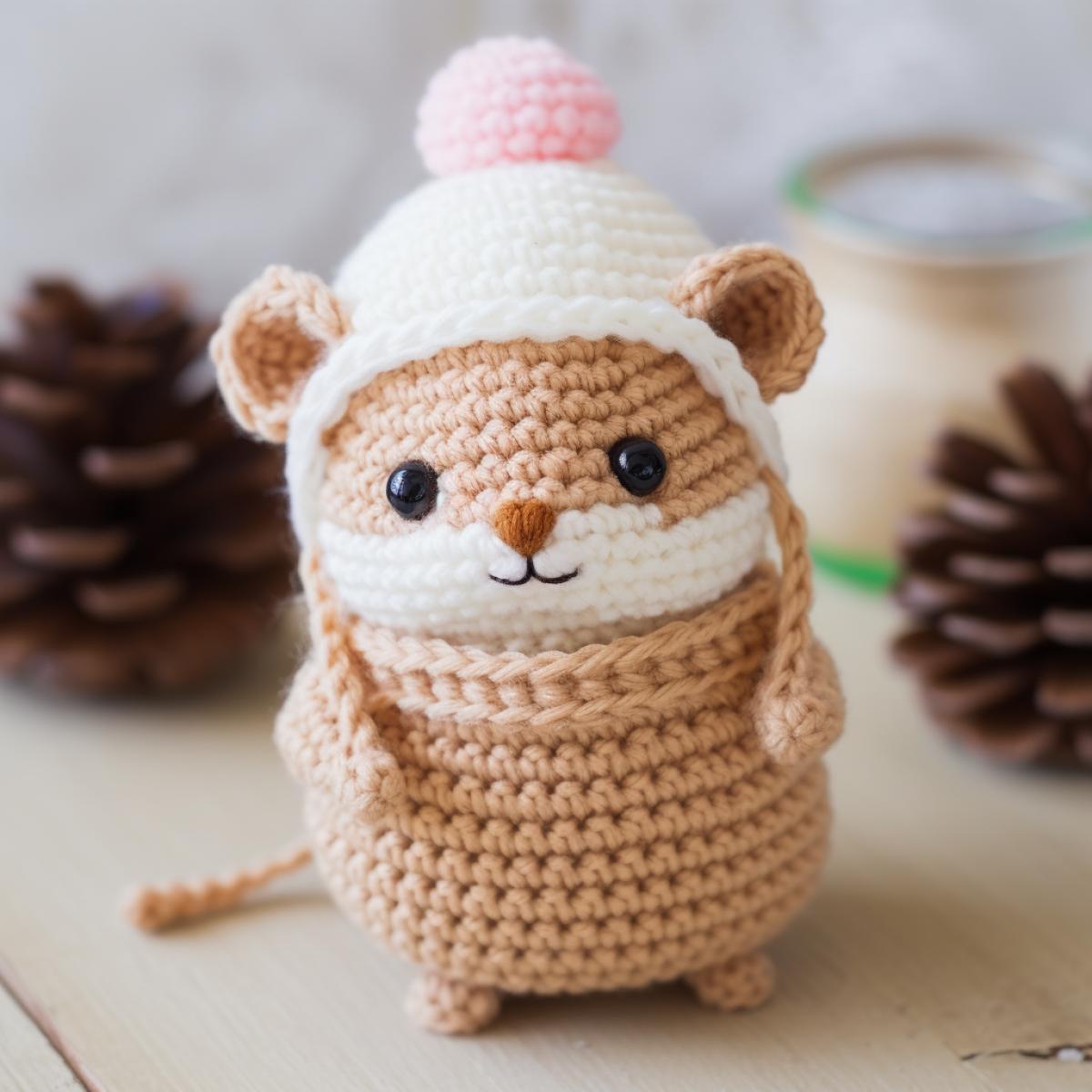 crocheted toy hamster in a hat