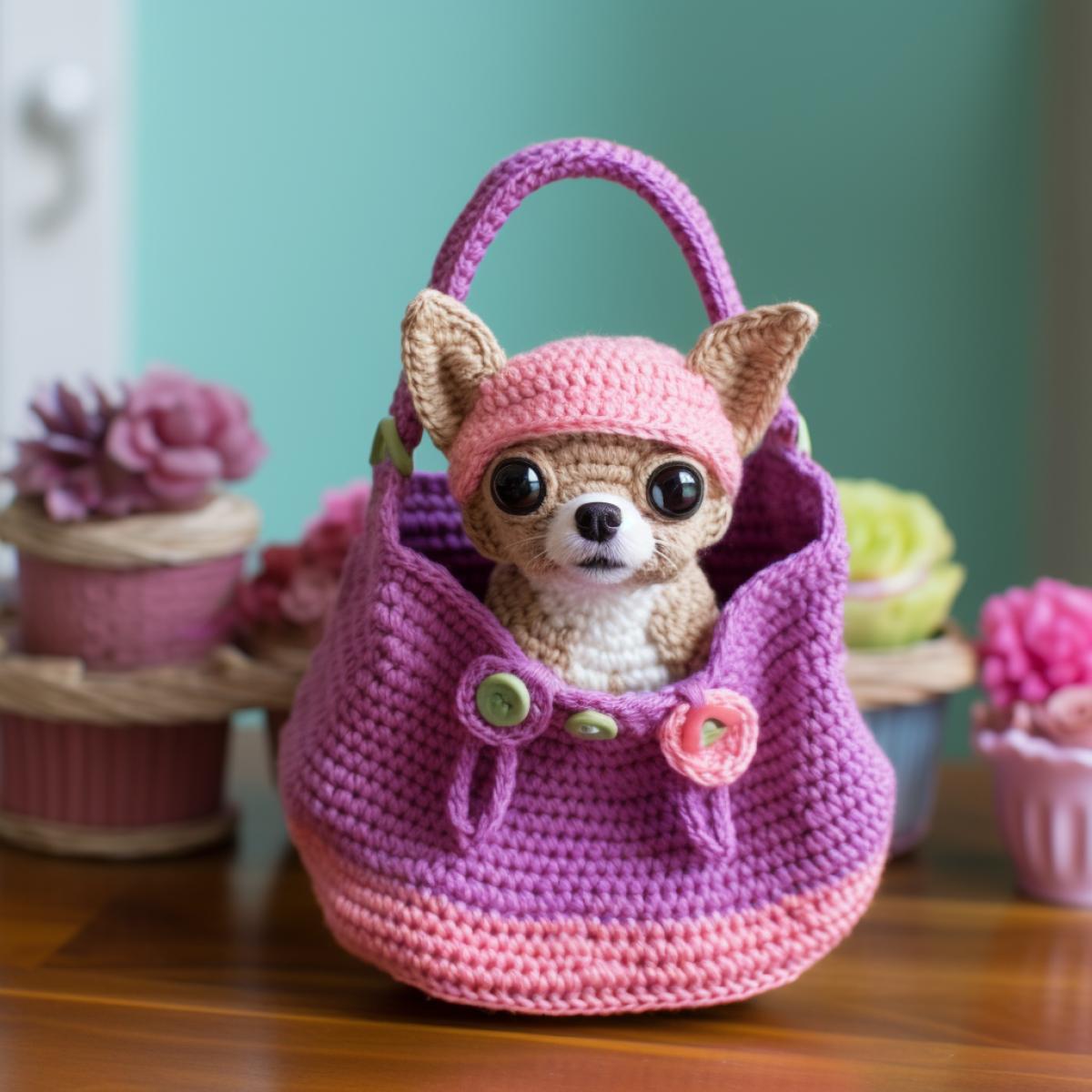 crocheted toy chihuahua sitting inside a crocheted ladys purse, professional photo