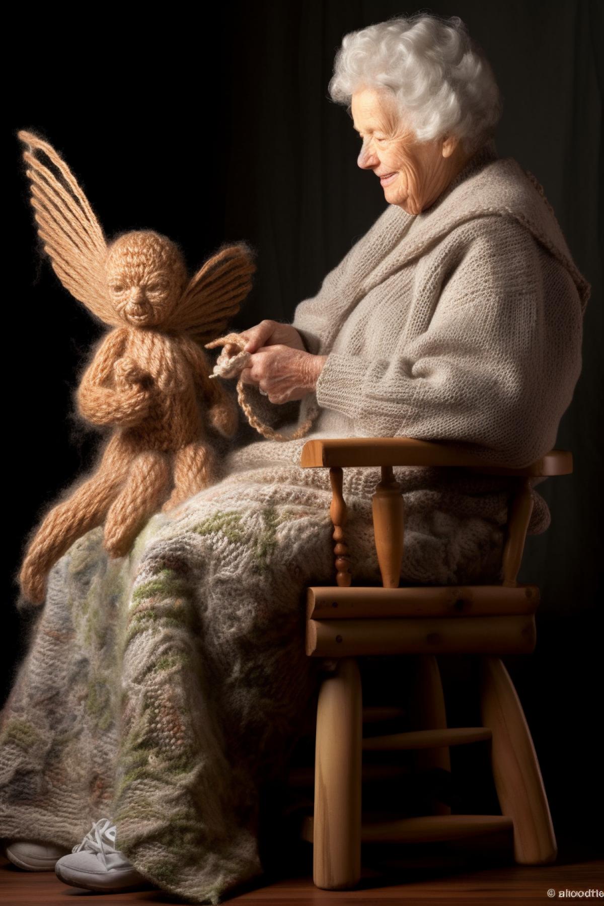 Grandmother sits in a rocking chair and knits a large angel toy from yarn.