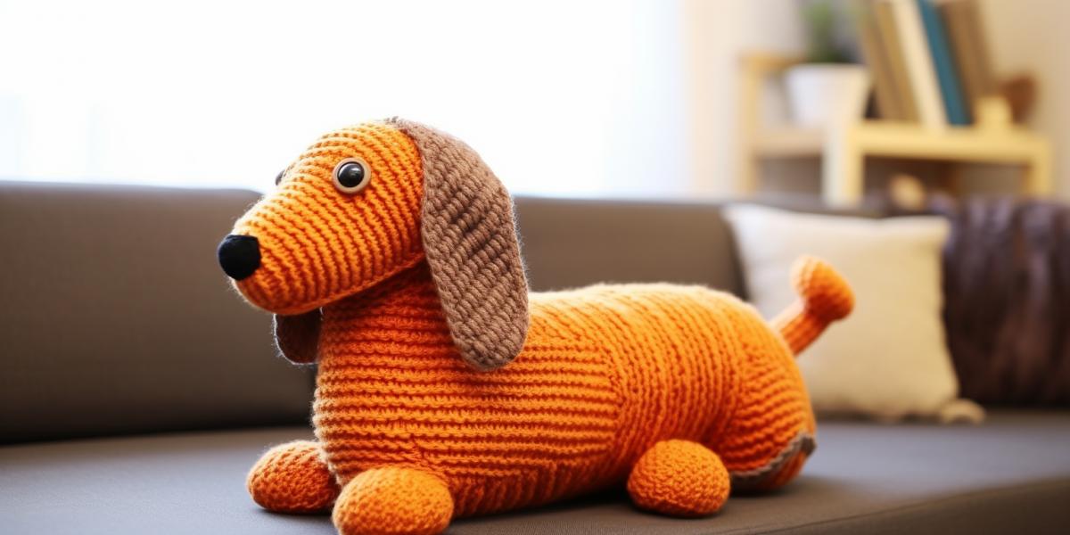 Knitted toy orange dachshund on knitted decorative pillows, side view, cozy atmosphere