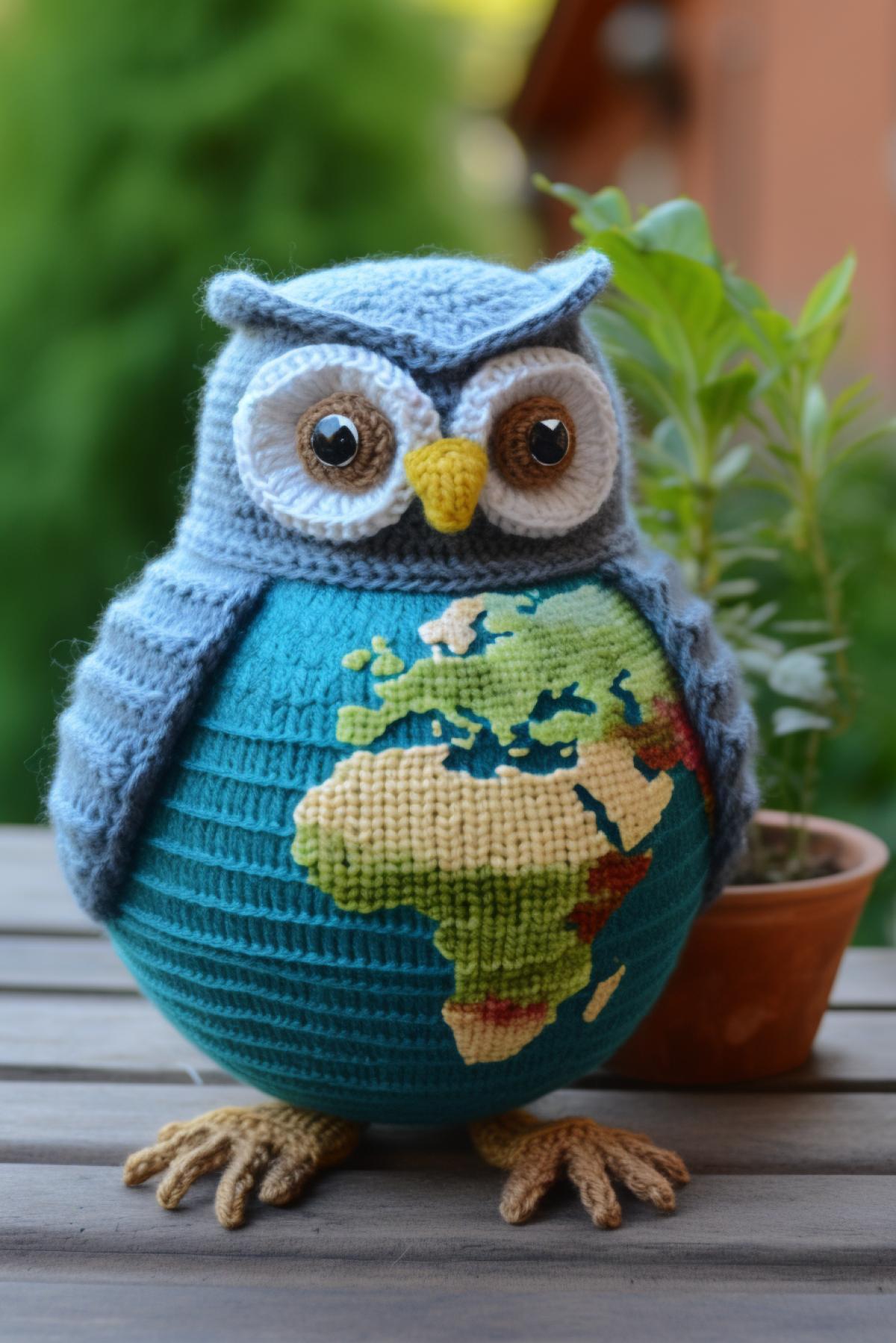 Knitted owl who swallowed globe
