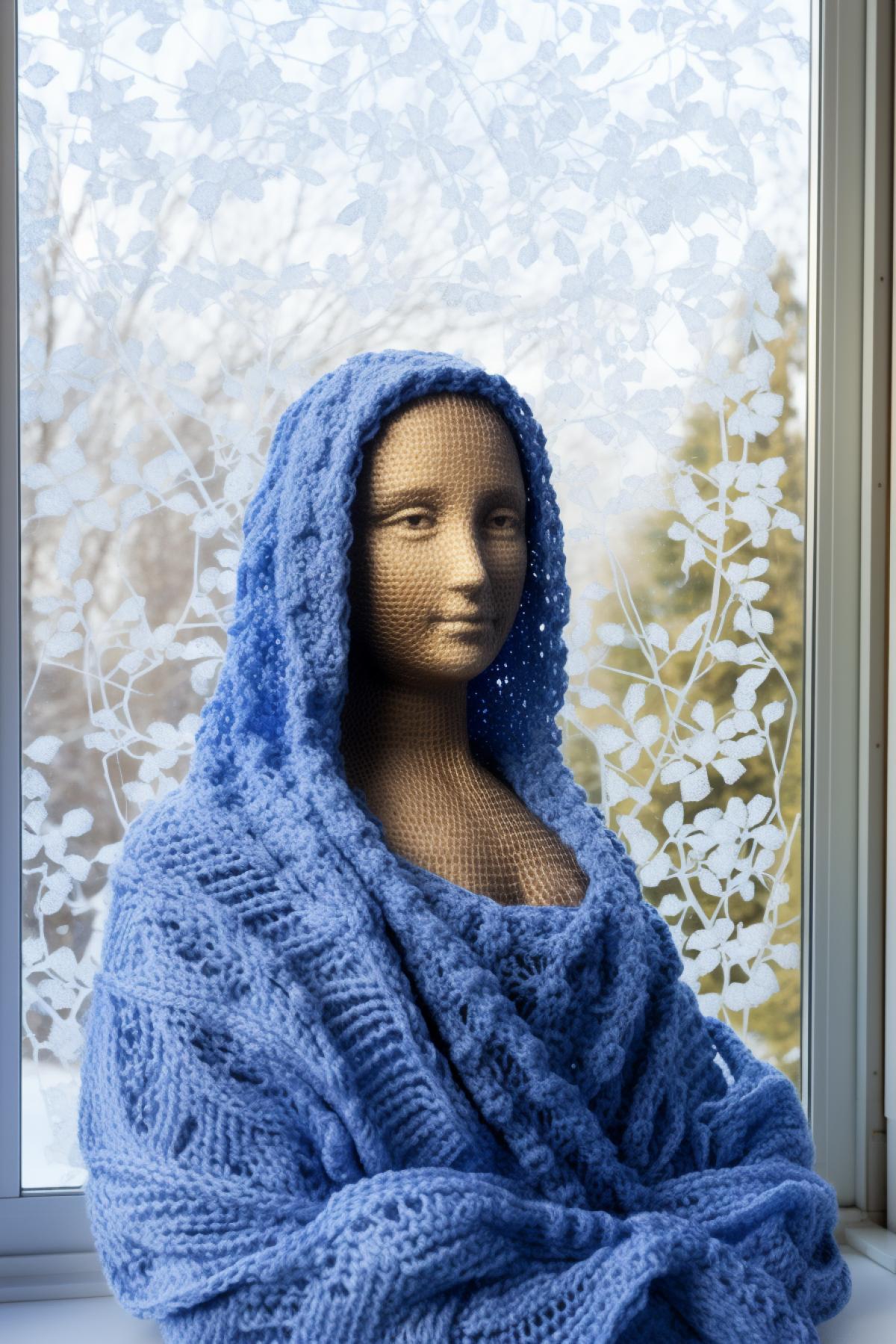 Knitted Leonardos Gioconda on the background of window with winter landscape sight