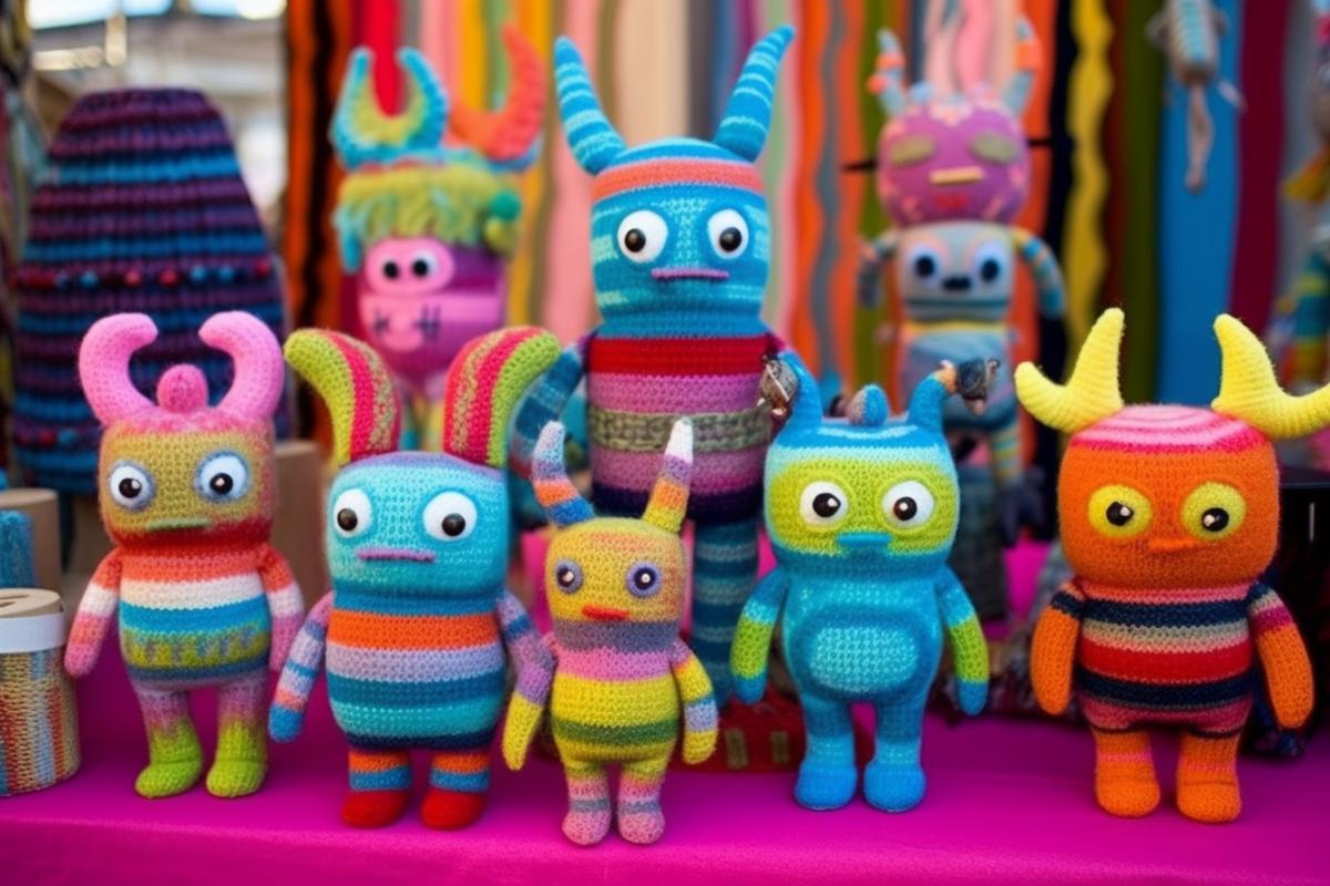 Knitted toy evil devils in the store