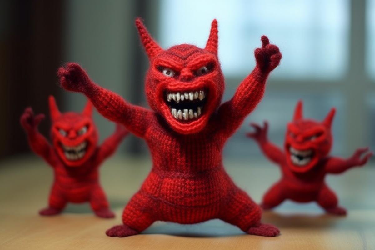 Knitted toy evil devils in the store