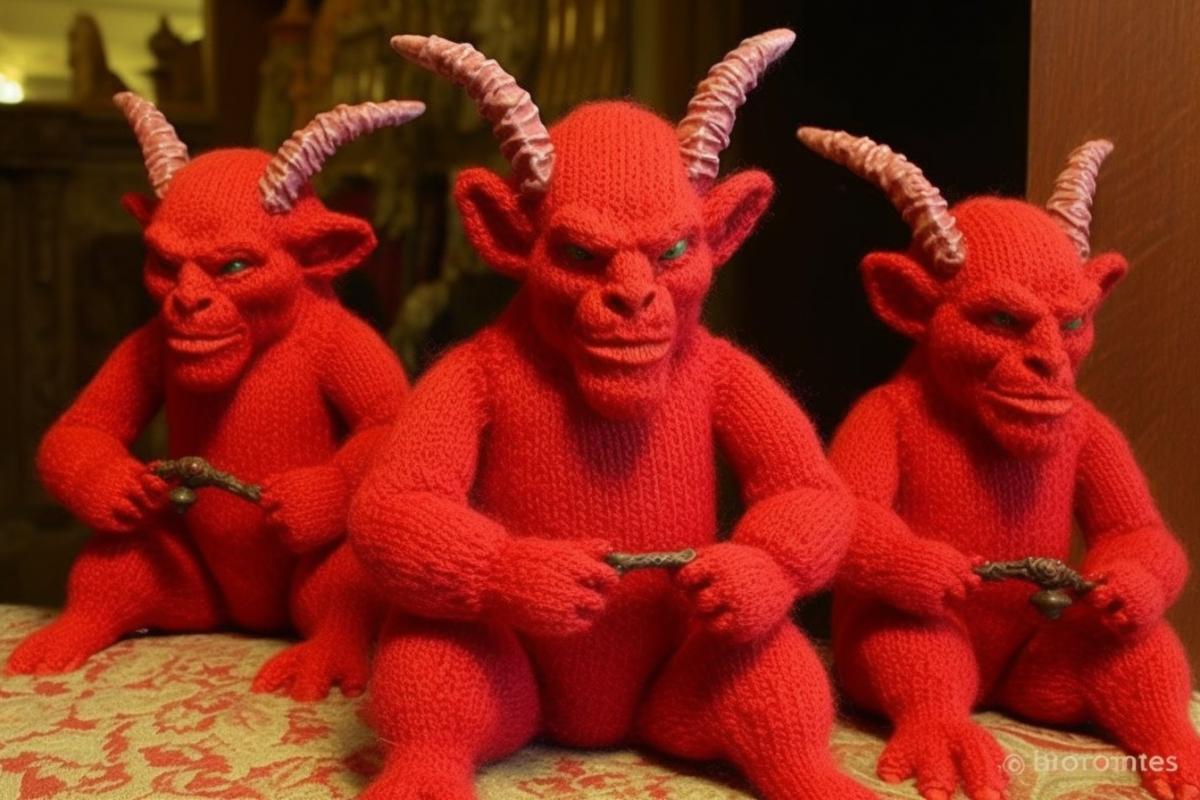 Knitted toy evil devils in the store