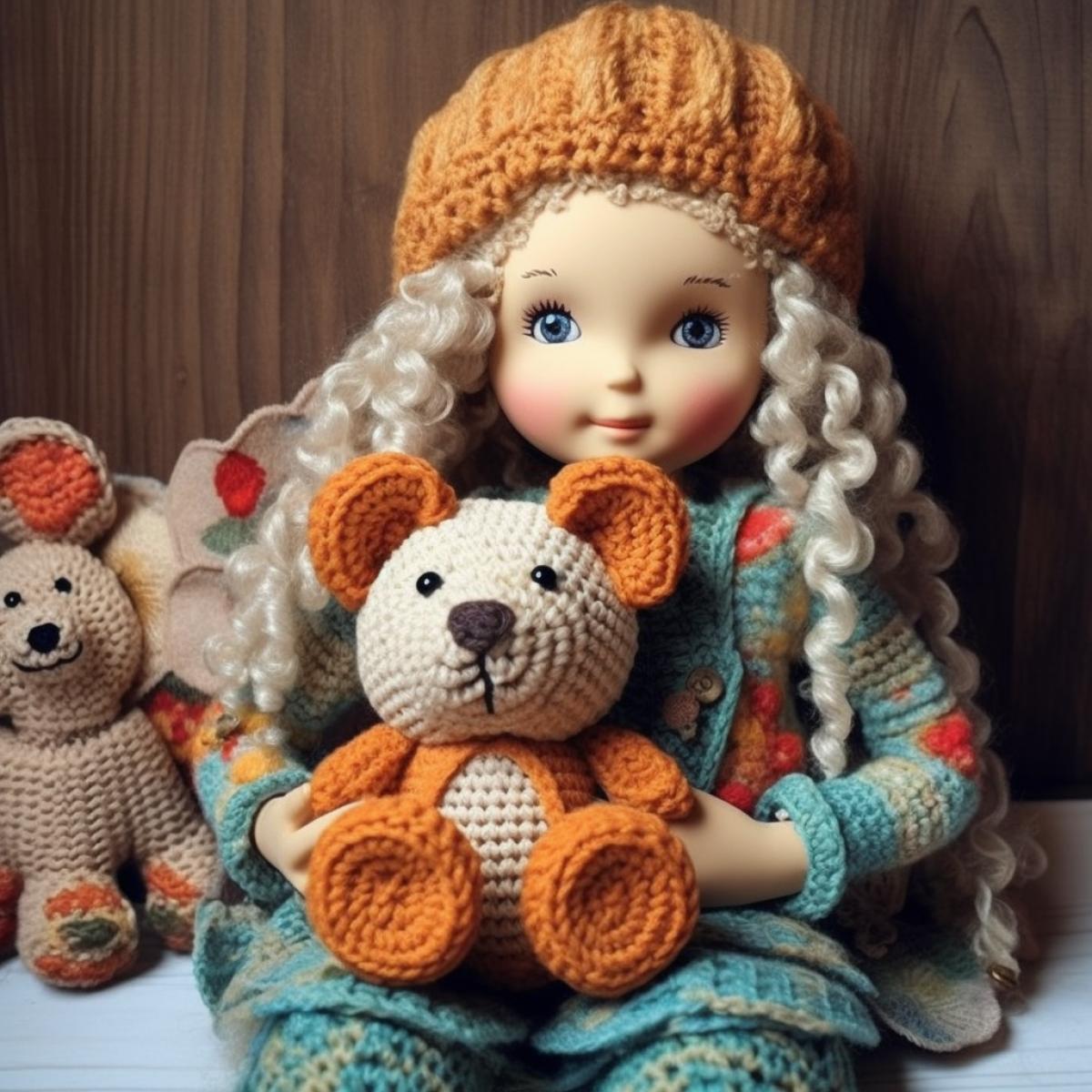 cute amigurumi, . cute knitted origin, huge knitted toy bear, in a room on the couch, colorful scarf, knitted texture, flowers, cute little girl nearby