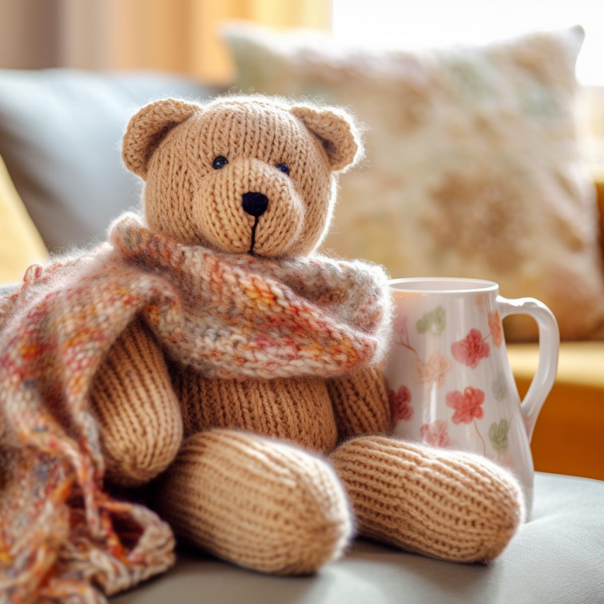 cute amigurumi, . cute knitted origin, huge knitted toy bear, in a room on the couch, colorful scarf, knitted texture, flowers, cute little girl nearby