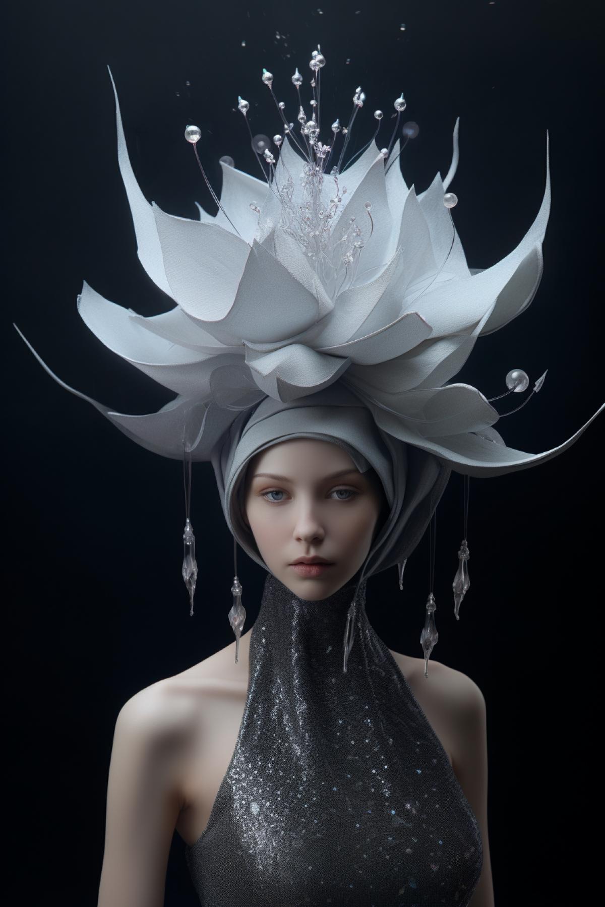 Photo of the model, Floating Galaxy Tulip: A headdress in the shape of a floating flower with a texture reminiscent of galactic clouds, creating an impression of lightness and mystery