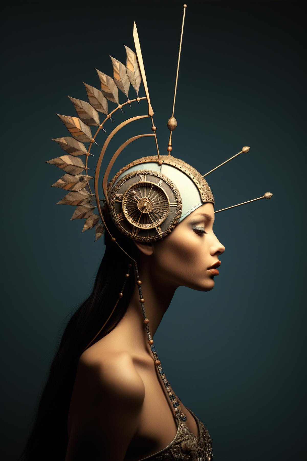 Time Arrow: A headdress in the shape of an arrow, looking like a symbol of time, with kinetic elements giving the impression of a moving arrow.
