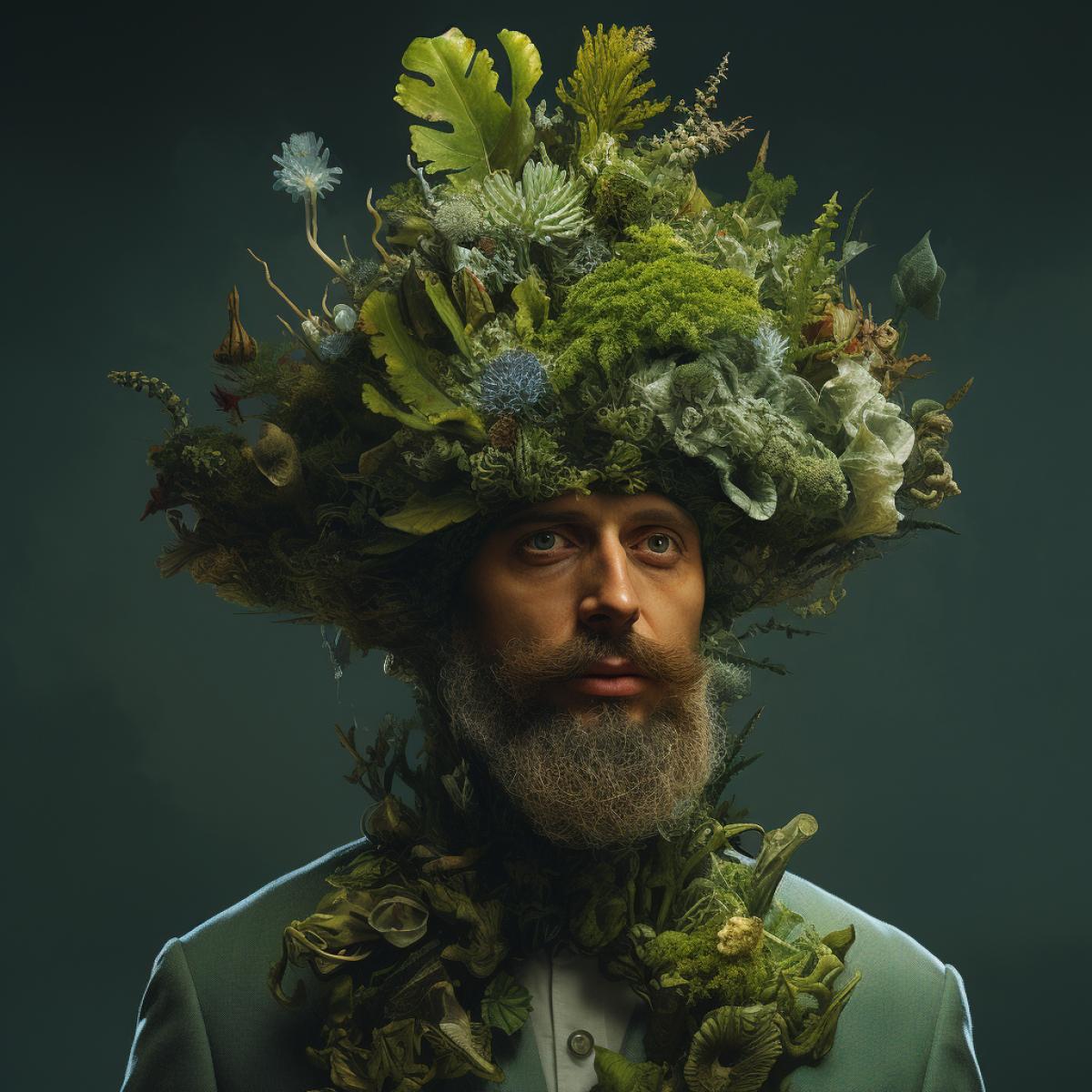 Man in seaweed hat, fantasy style