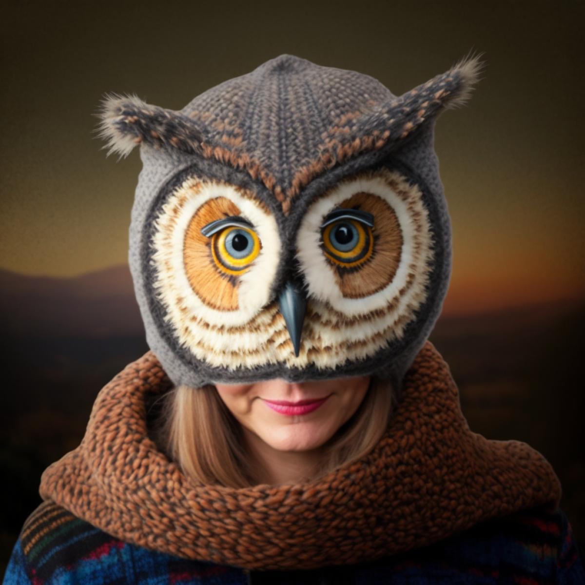 Ushanka hat in the shape of an owl. knitted from wool. Artistic photography.