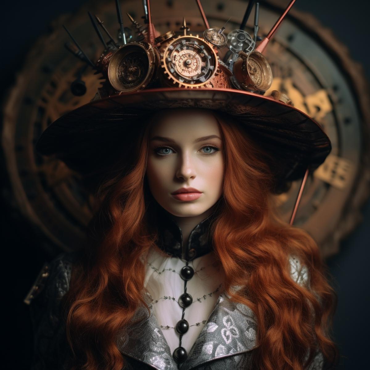 Beautiful red-haired woman, wearing a huge steampunk style hat, mechanisms, hexes, watches, high fashion, fashion photography
