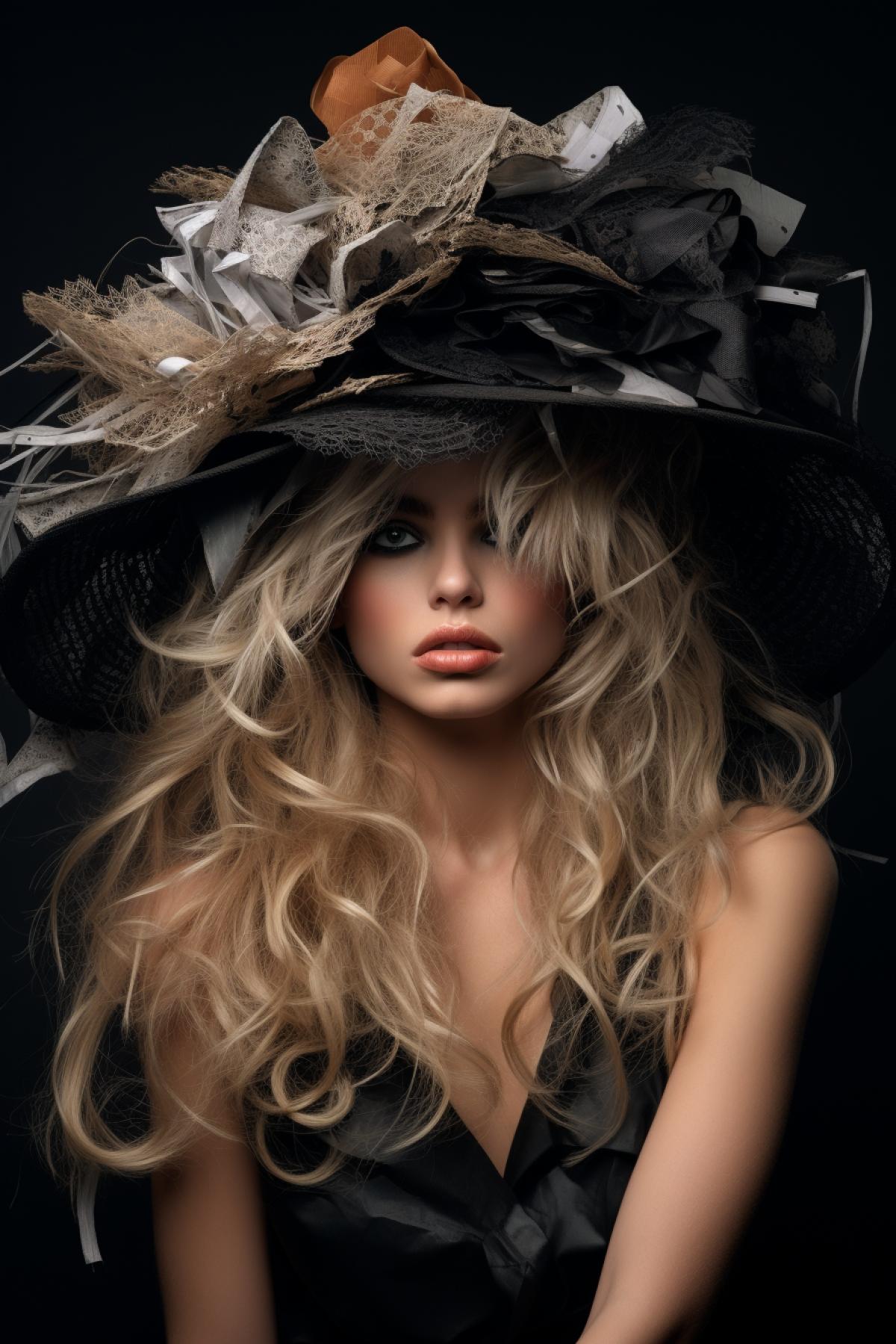Top model in a huge trash hat, high fashion, fashion photography