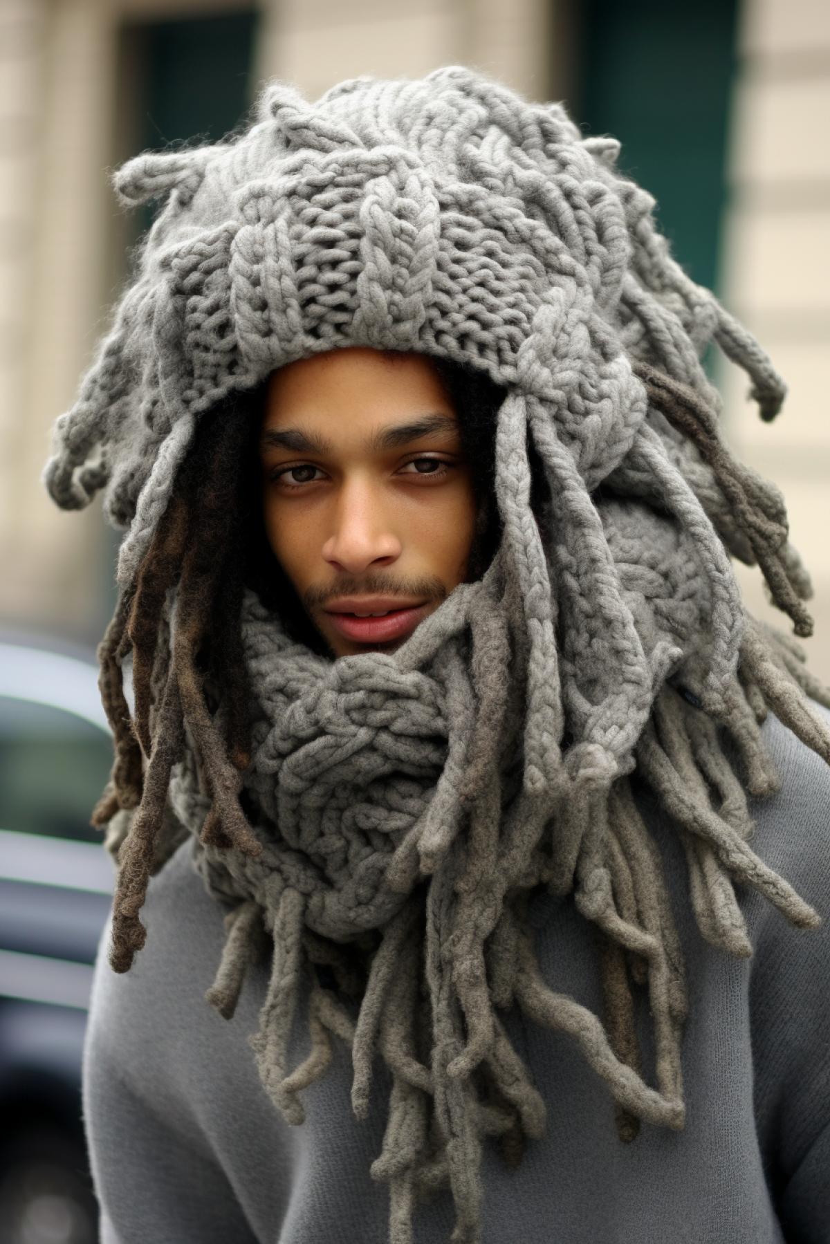 A guy with dreadlocks wearing a very very very very very very very very very gargantuan knit hat