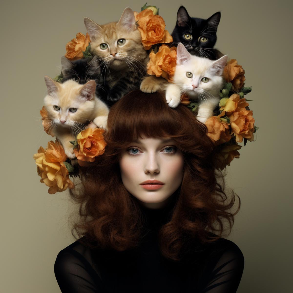 Top model with kittens on her head, high fashion, fashion photography