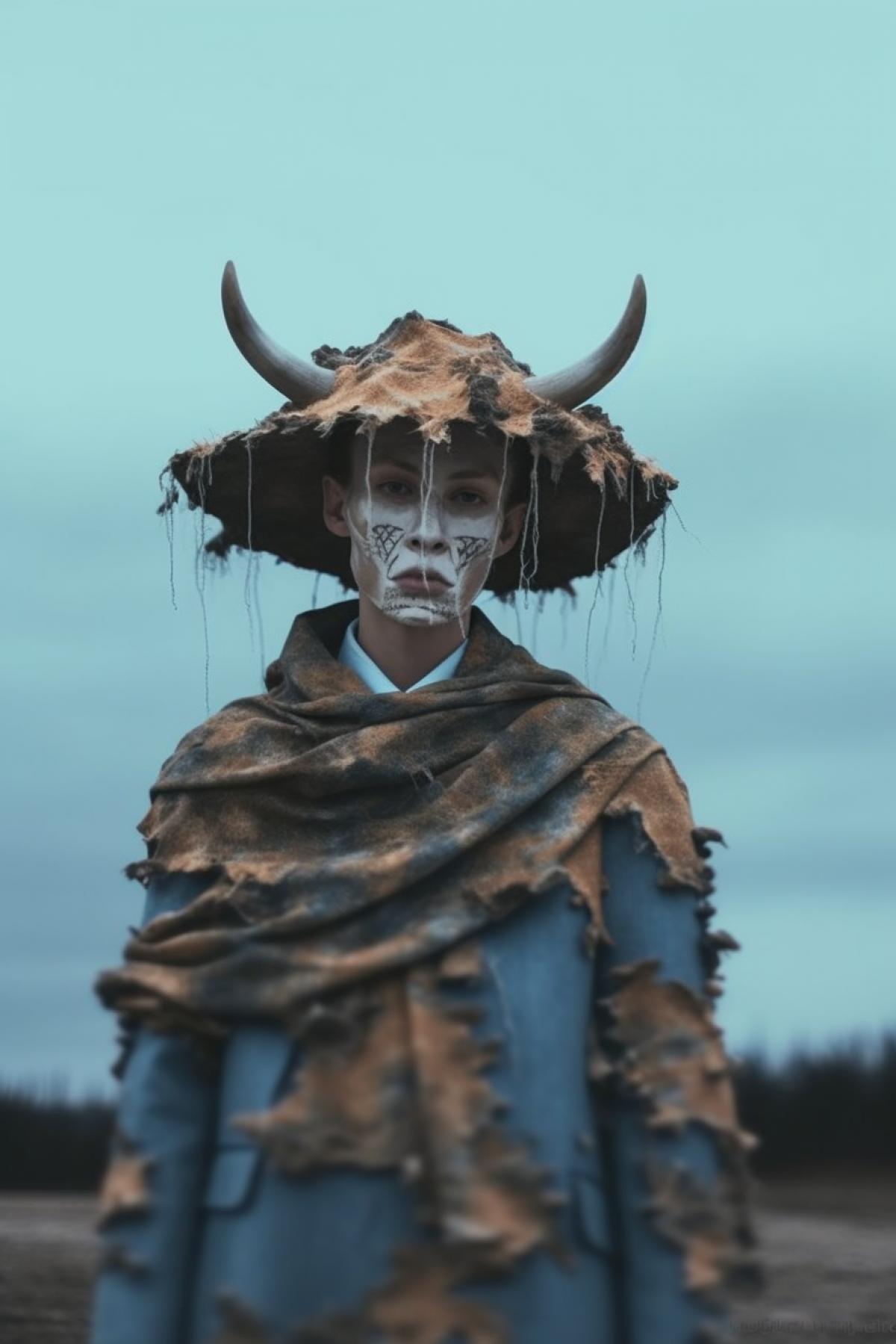 Fashion model in a torn strange huge cow hat of a dirty man person with beetles