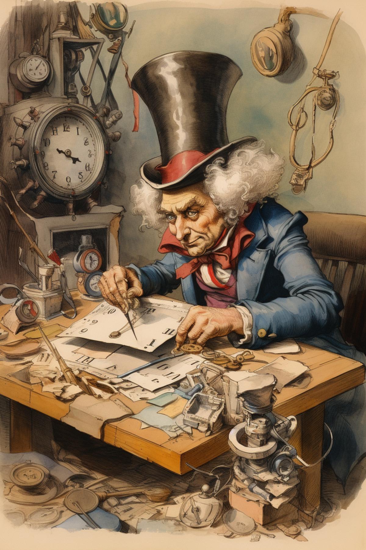 Lewis Carrolls Mad hatter creating new crazy hat in his workshop crazy hats all around illustration byJohn Tenniel