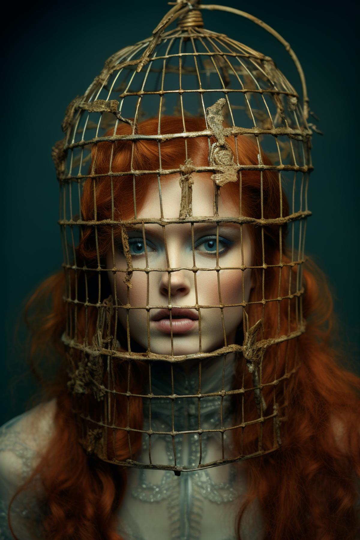 Beautiful redheaded woman with a cage on her head, rusty, high fashion