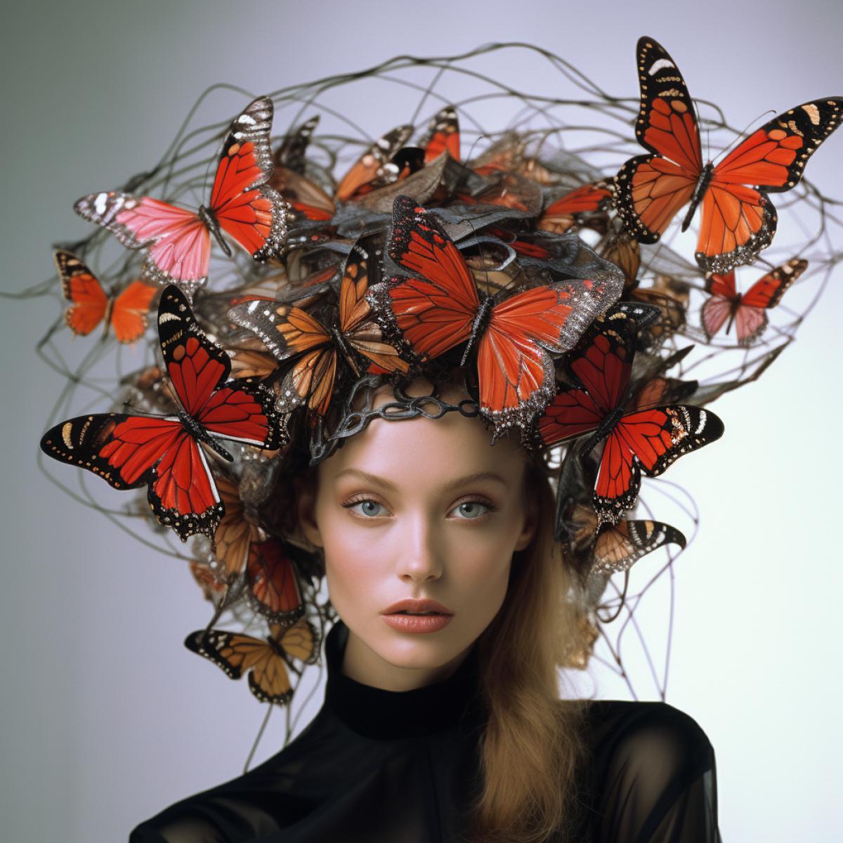 Top model in a very very very very very very very huge butterfly hat, high fashion