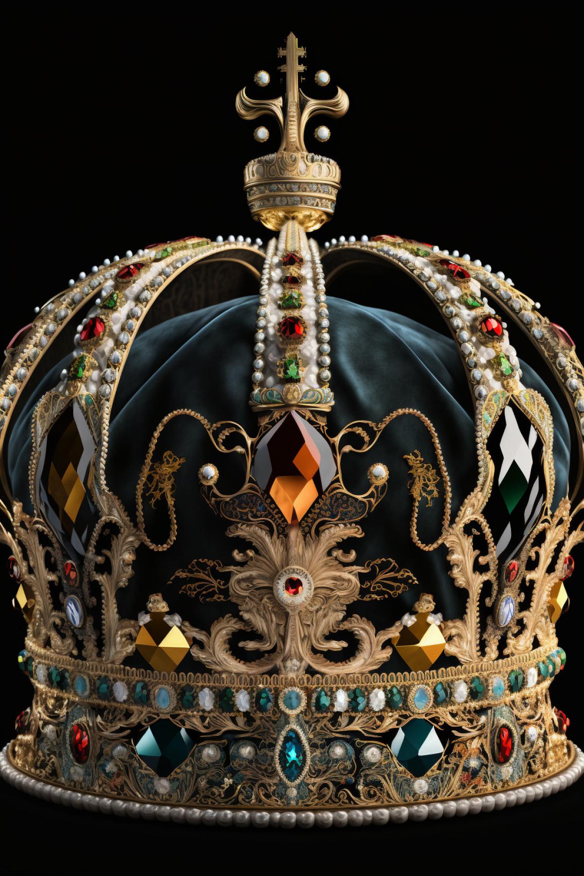 gold royal crown inlaid with precious stones, highly detailed, top-lit, on dark velvet
