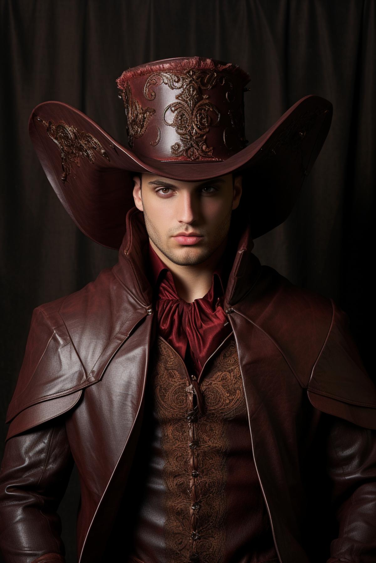 Leonardos motorised extravagant medieval big leather and wood hat for men