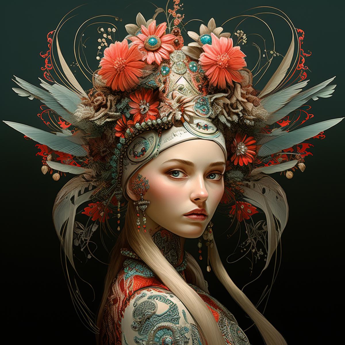 Unusual headdress. In the style of illustration by Vasily Lozhkin.
