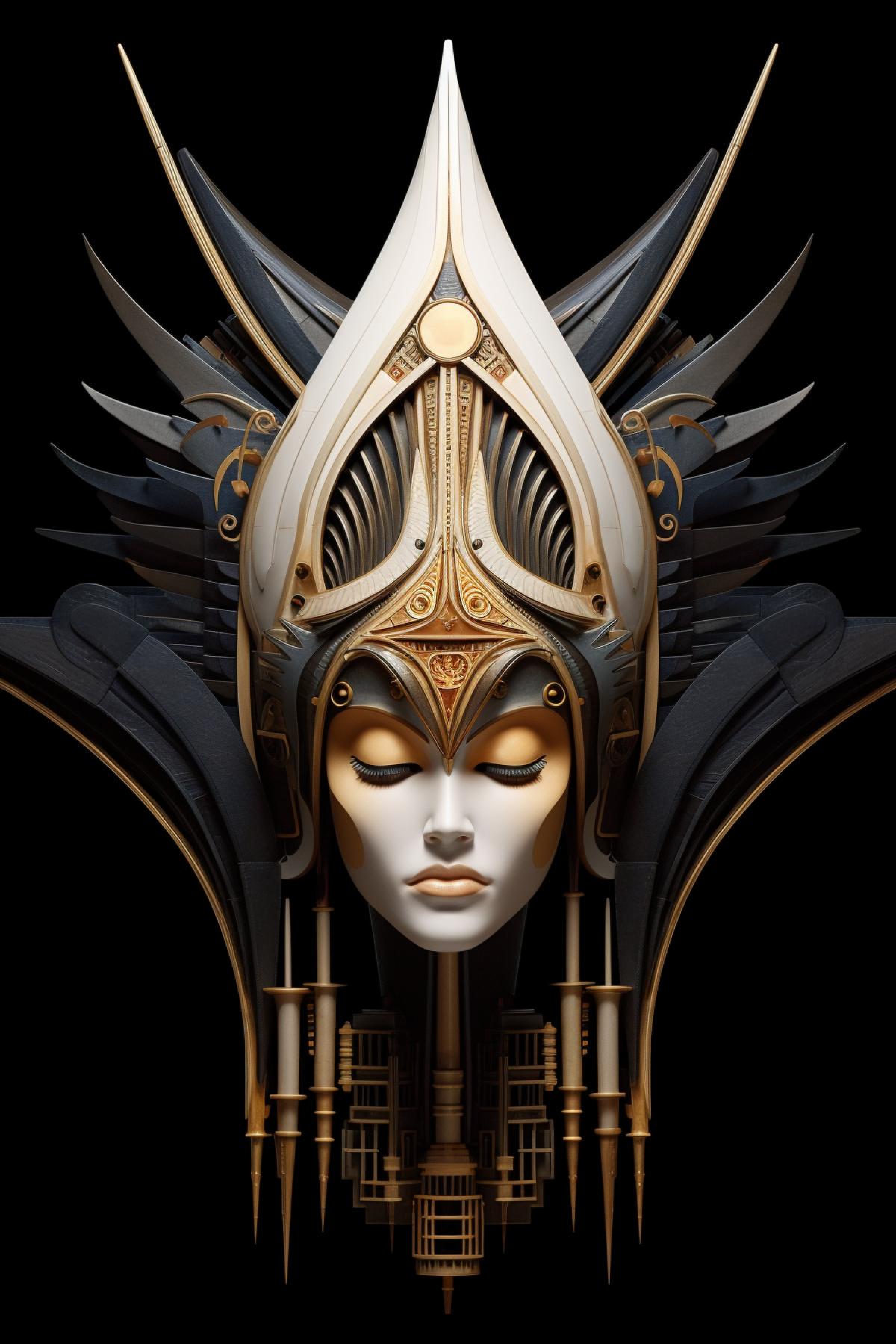 Chapel of Thoughts: A headdress in the shape of a stylized chapel, where abstract thoughts are used instead of arrows to create a complex image.