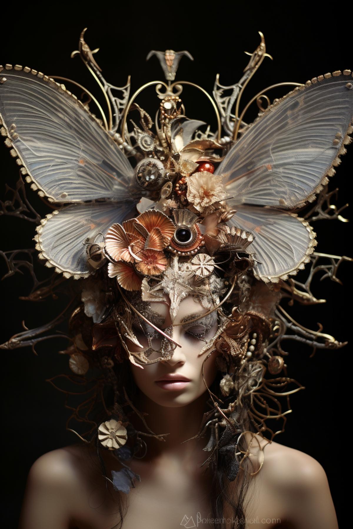 Surreal Crown of Metamorphosis: Headdress A crown com4kd of a variety of surreal elements that change shape and structure in response to the environment.