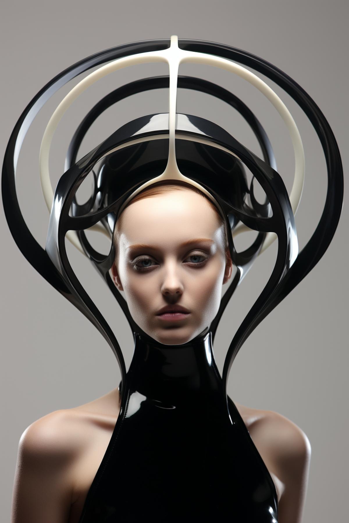 Asymmetrical Portal: A futuristic headpiece with a portal-like design that visually bends the space around the wearer.