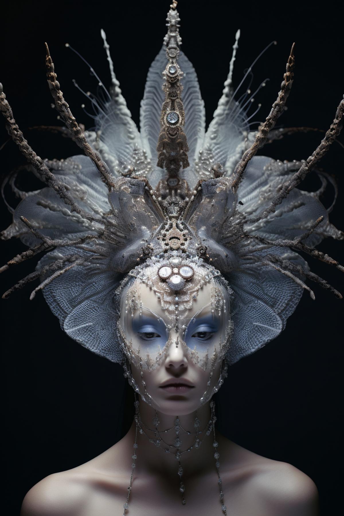 Surreal Crown of Metamorphosis: Headdress A crown com4kd of a variety of surreal elements that change shape and structure in response to the environment.