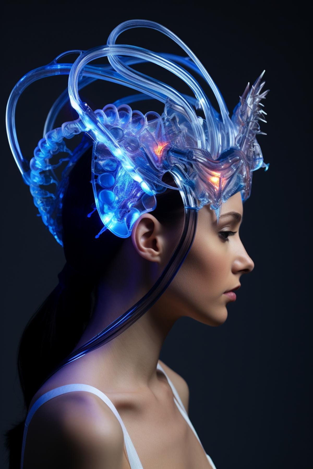 Energyrockettail: Arockettail glass-inspired headpiece with internal luminous elements that create the effect of a vibrant energy drink.